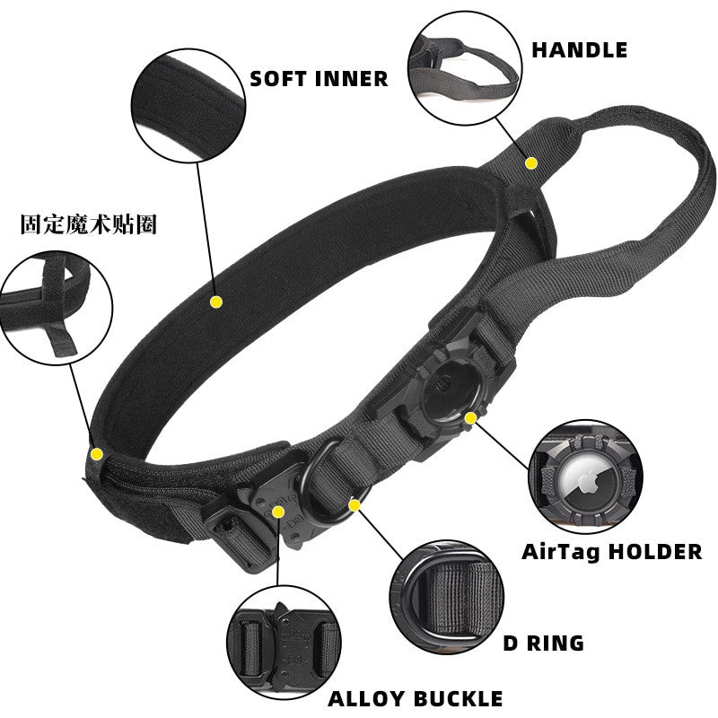 Tactical AirTag dog collar in solid color nylon with quick release buckle and tracker holder — view 5