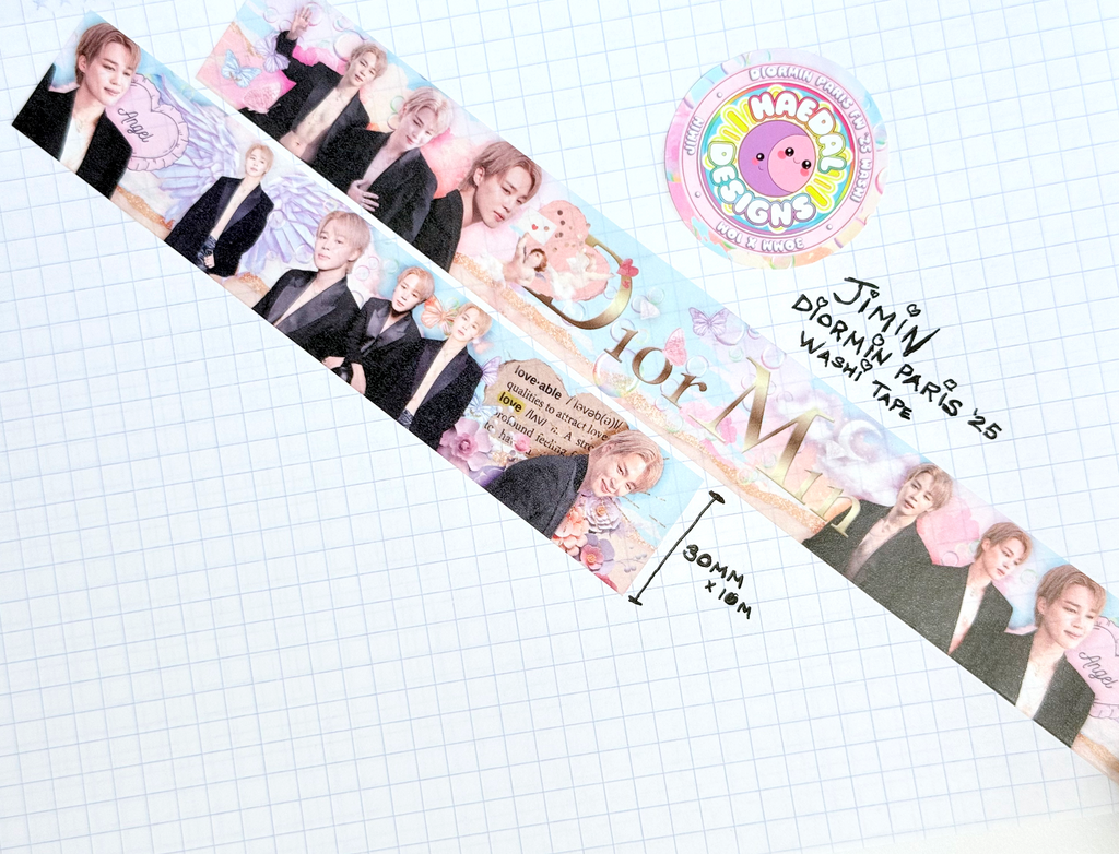 Wide DiorMin 30mm washi tape with pastel clouds, butterflies, and gold foil lettering for aesthetic journaling — view 3