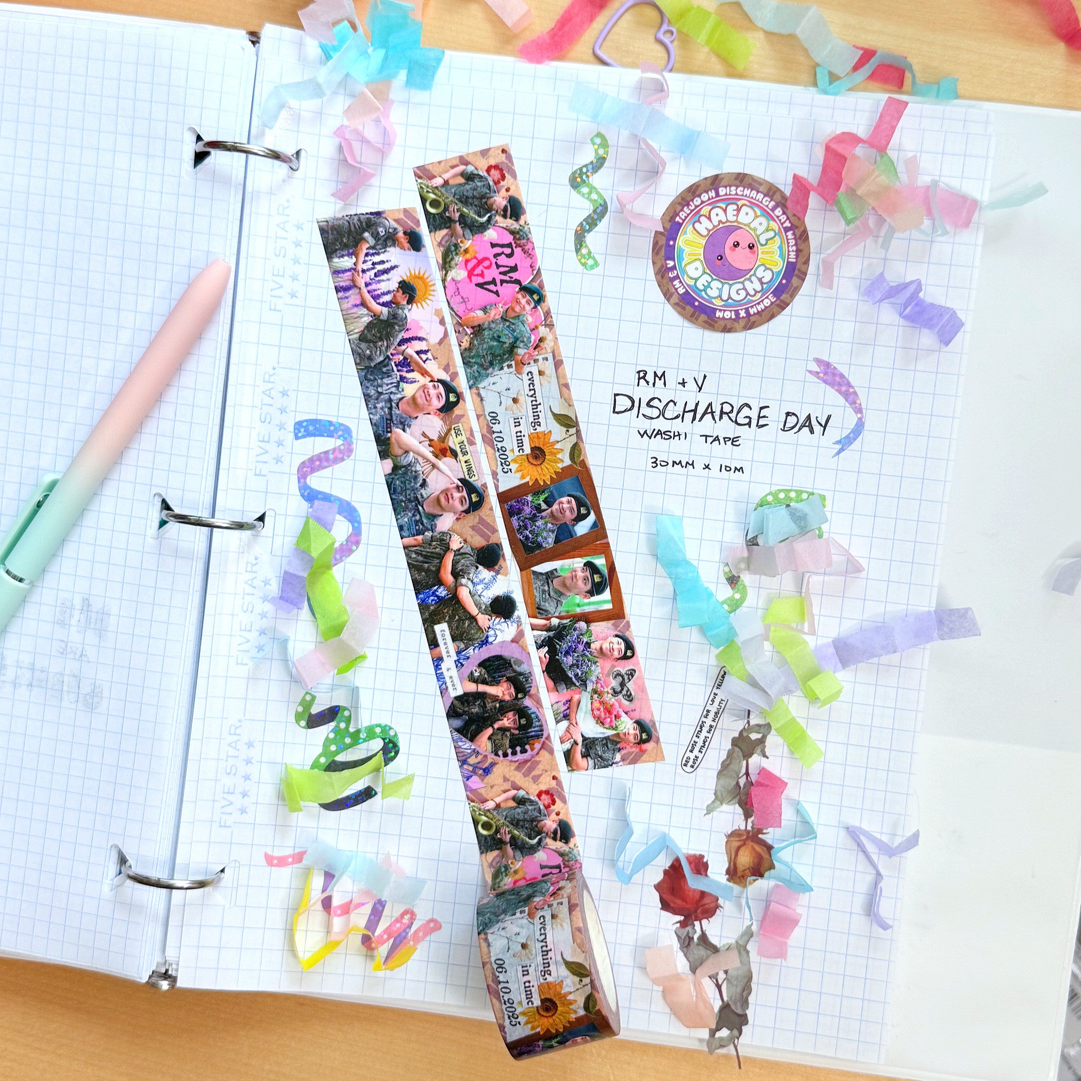 Discharge Day 30mm washi tape roll featuring nostalgic soft hued floral and scrapbook style illustrations — view 4