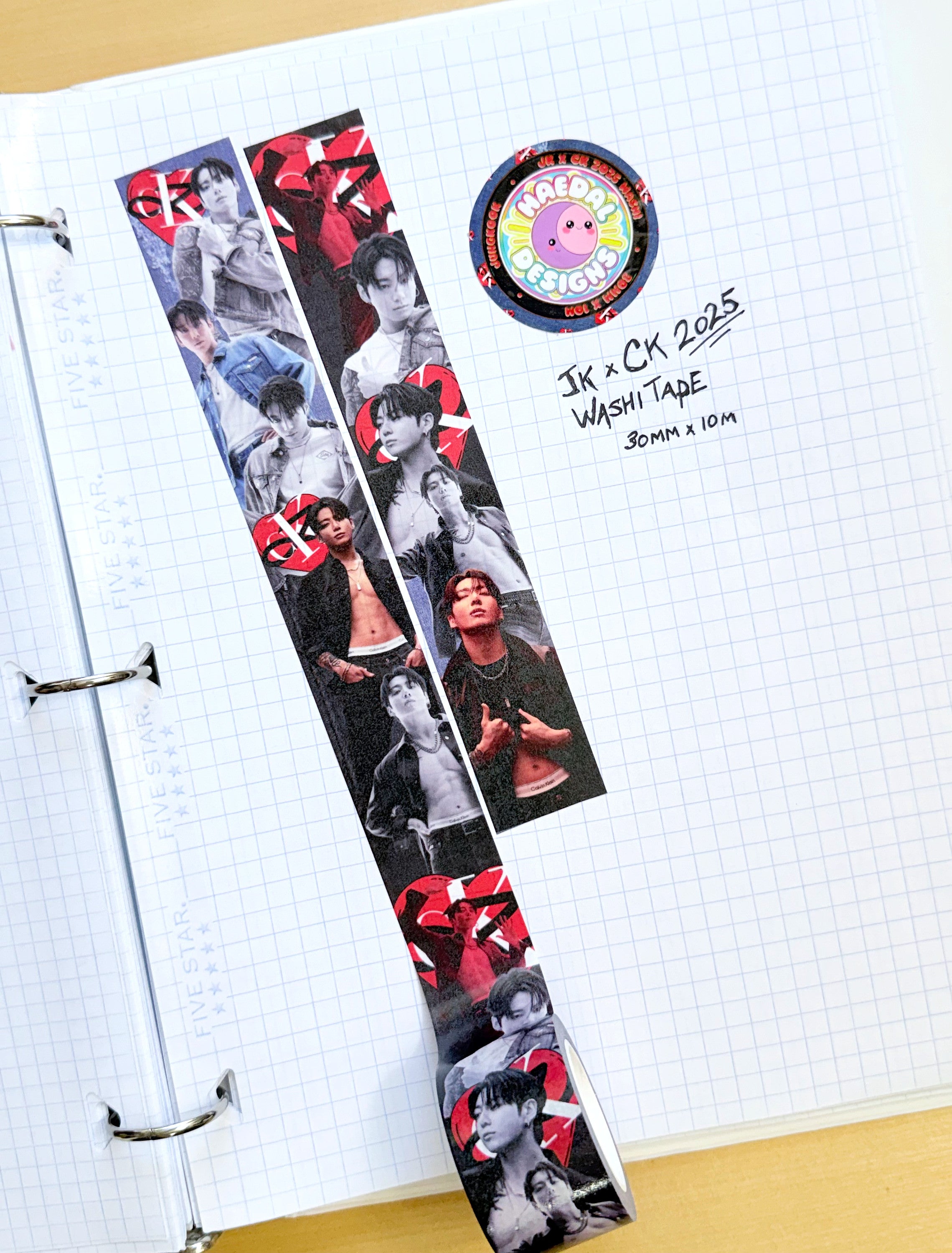 Jungkook JKxCK 2025 washi tape roll featuring blue denim texture and red heart logo — view 2