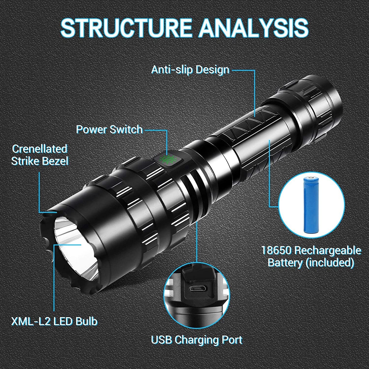 Black 1600 lumen tactical LED flashlight with waterproof casing for outdoor airsoft and survival — view 2