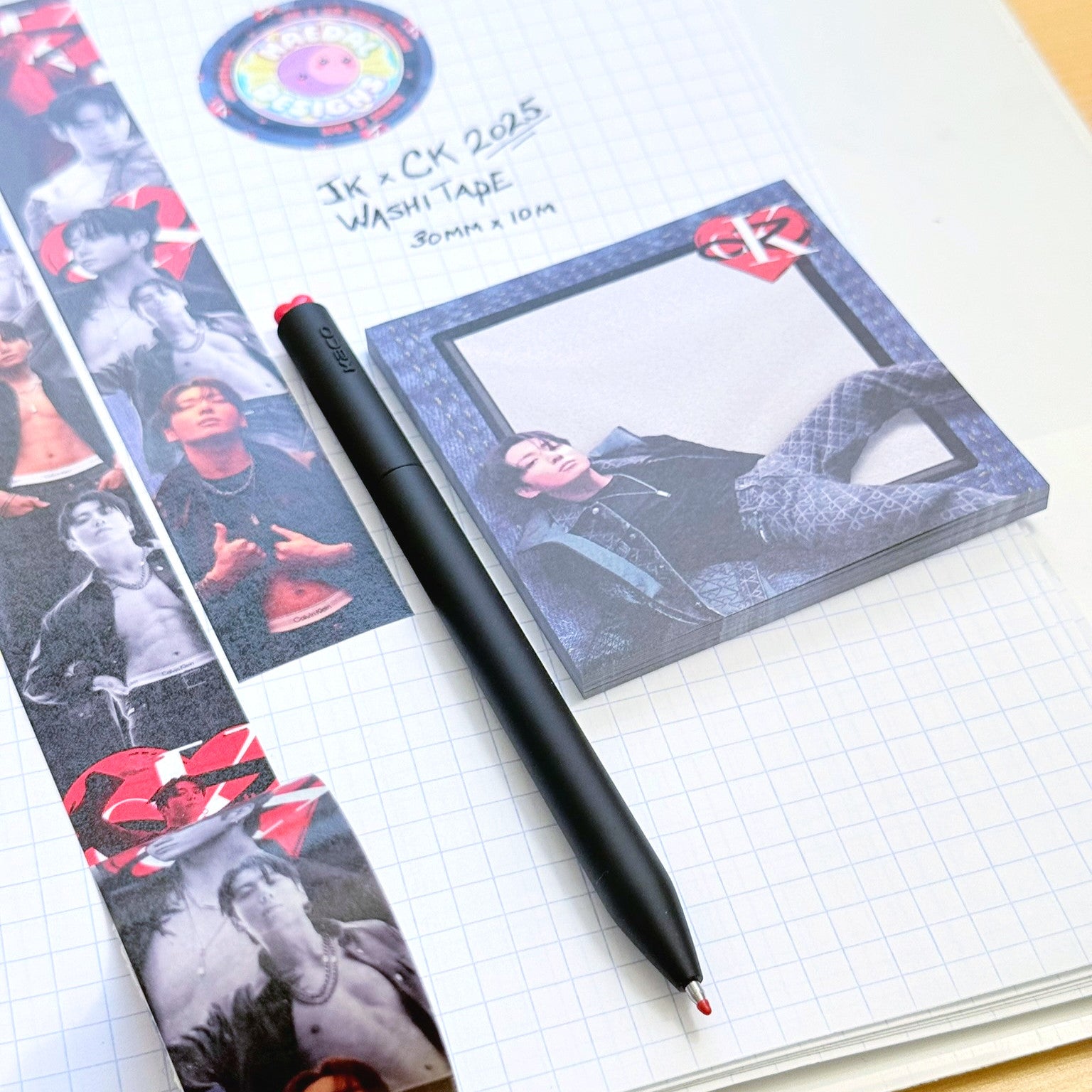 JK x CK adhesive sticky notes with denim texture and heart motif, square notepad stationery pad — view 3