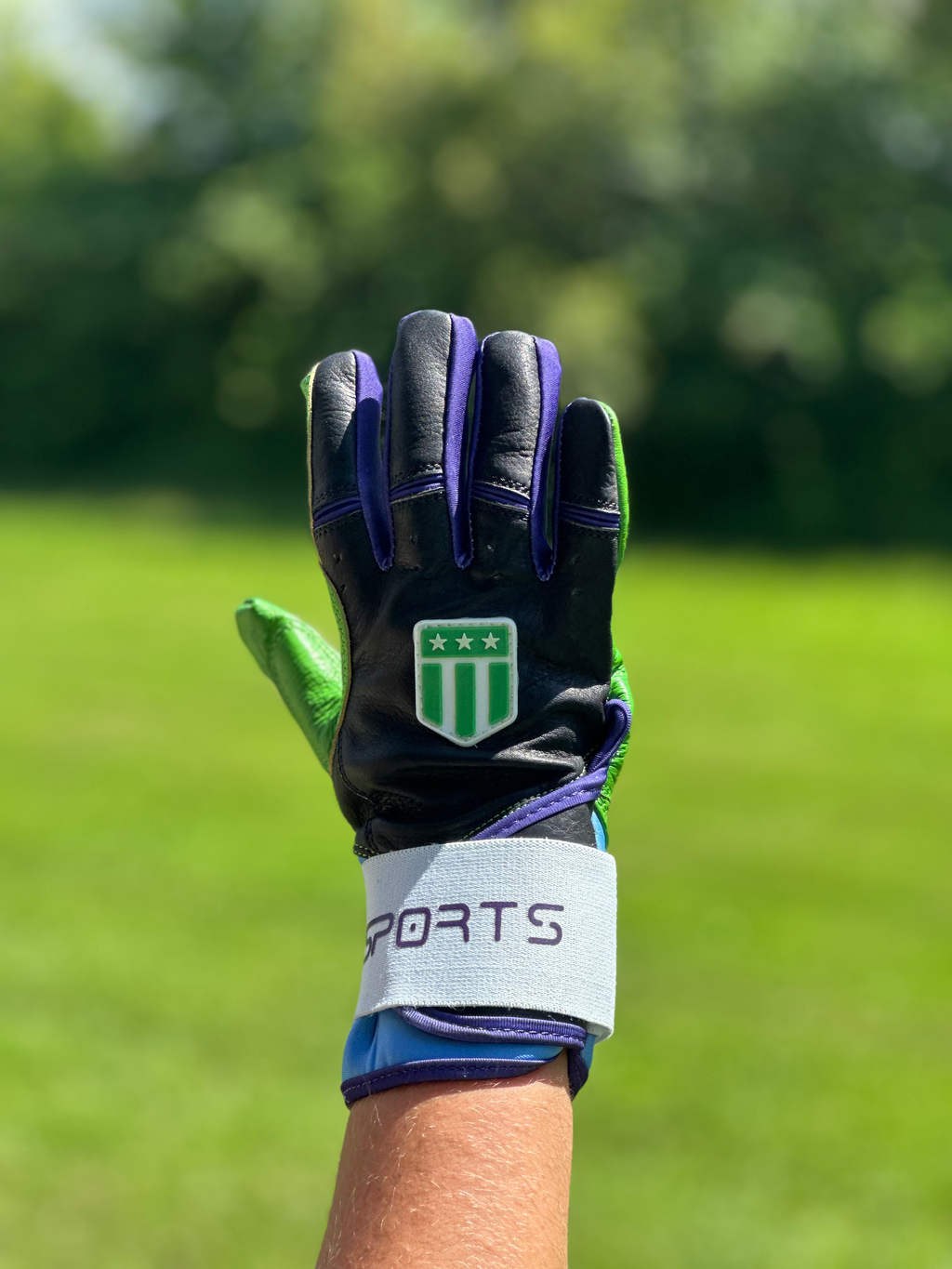 Tampa Bay long cuff batting glove in black with vibrant neon green palm and premium leather — view 5