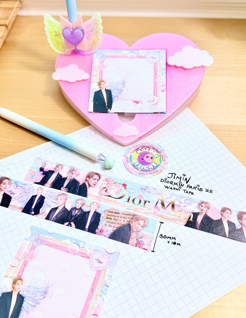 Wide DiorMin 30mm washi tape with pastel clouds, butterflies, and gold foil lettering for aesthetic journaling — view 5