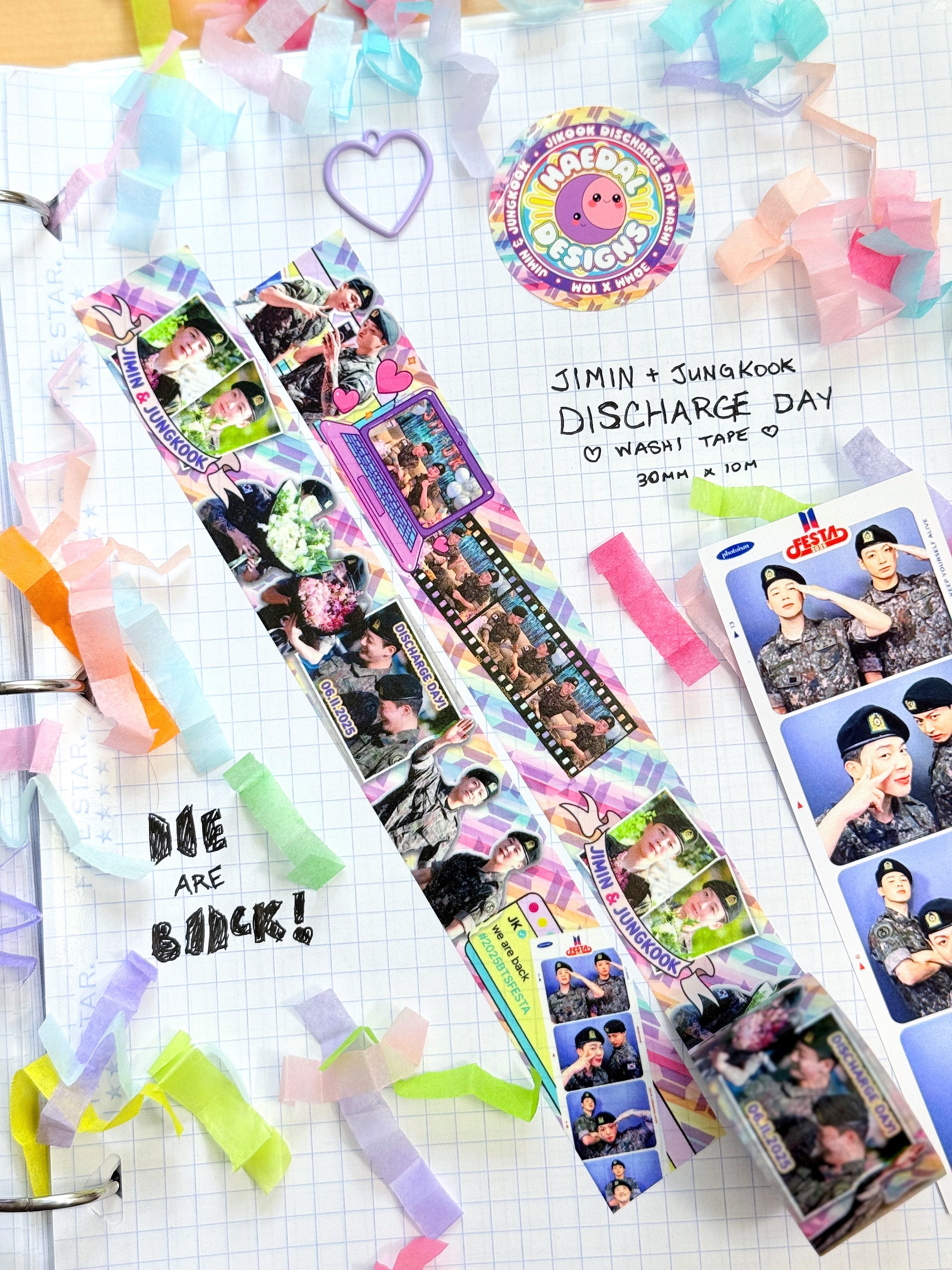 Jimin and Jungkook discharge day washi tape roll featuring printed snapshot designs for scrapbooking — view 4