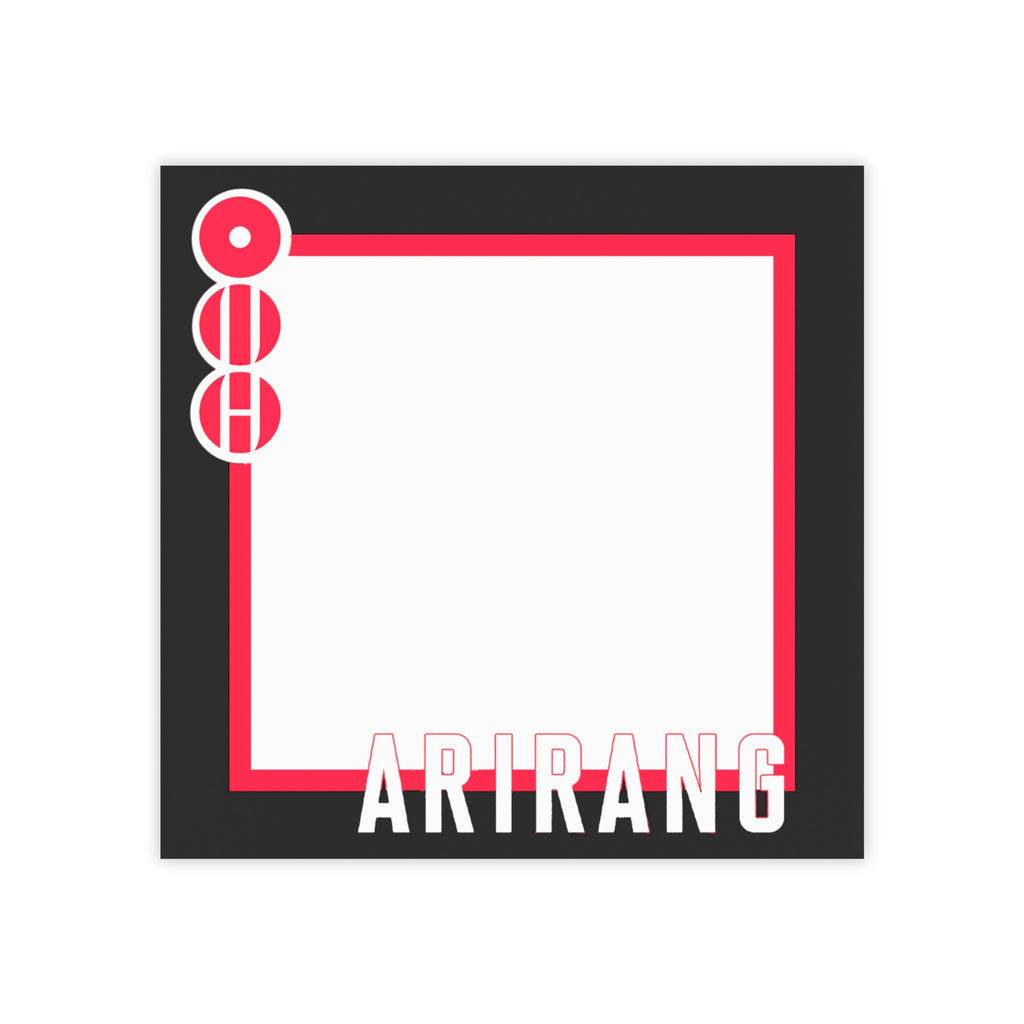 BTS Arirang sticky notes pad featuring bold fan-inspired graphic design with 50 square adhesive sheets.