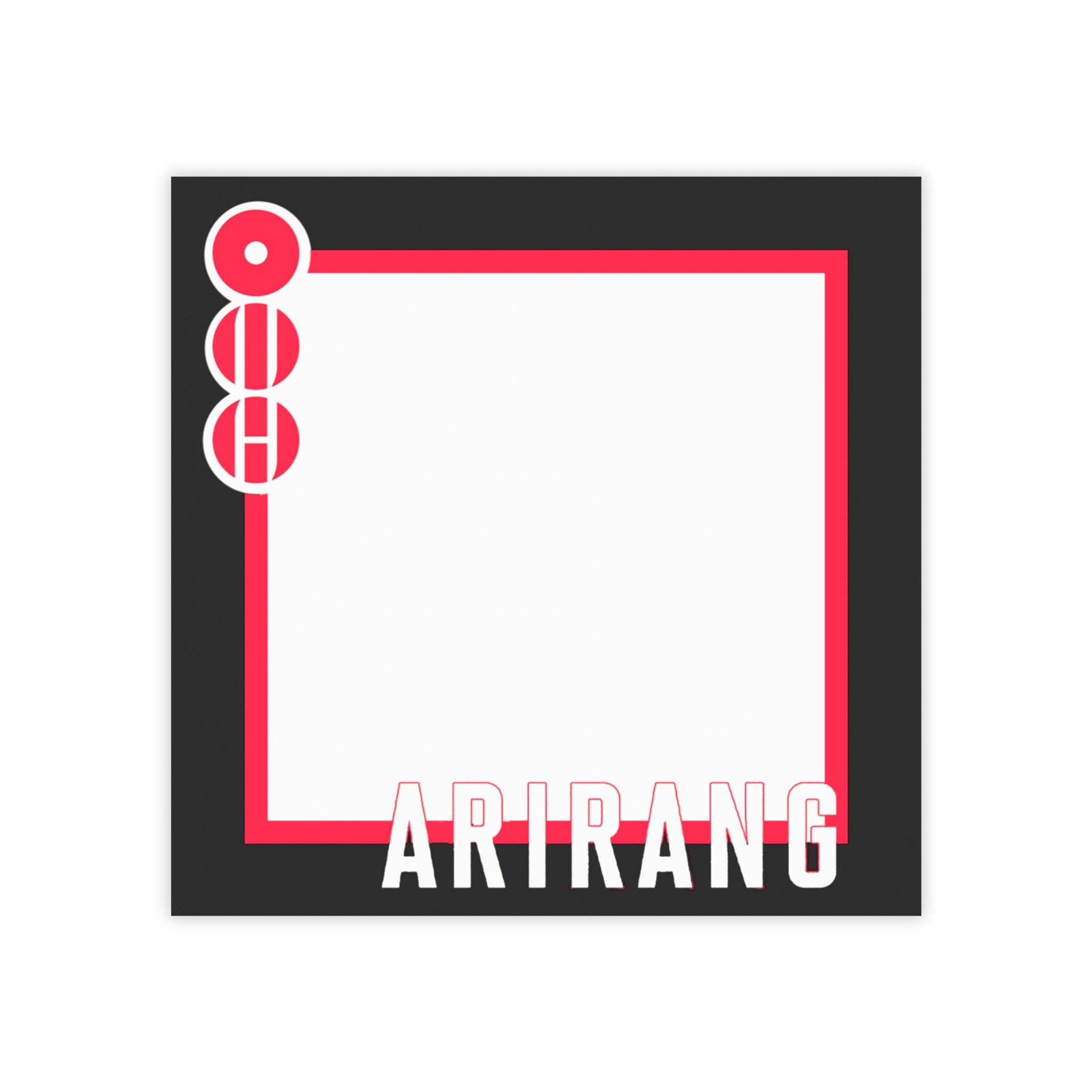 BTS Arirang sticky notes pad featuring bold fan-inspired graphic design with 50 square adhesive sheets.