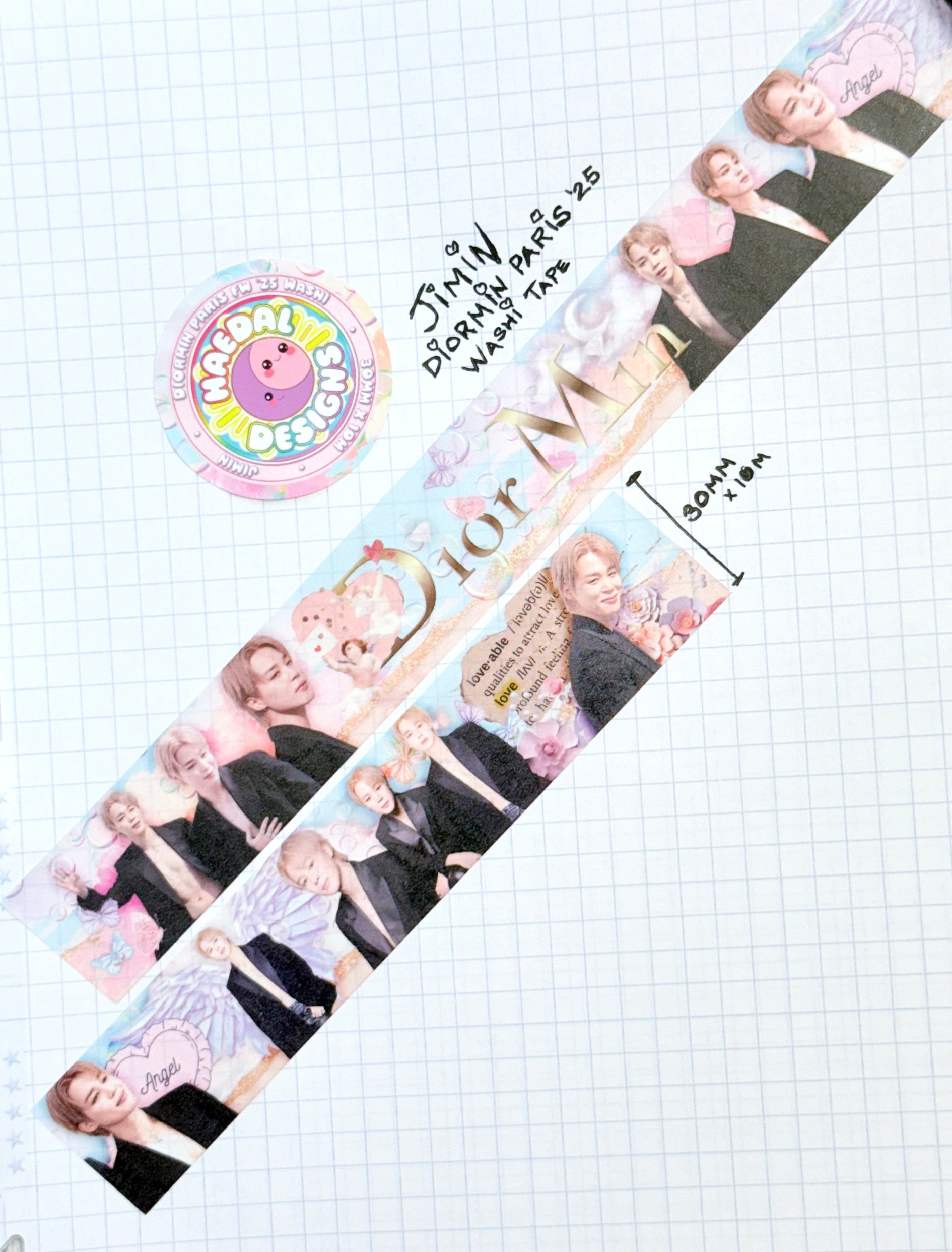 Wide DiorMin 30mm washi tape with pastel clouds, butterflies, and gold foil lettering for aesthetic journaling — view 2