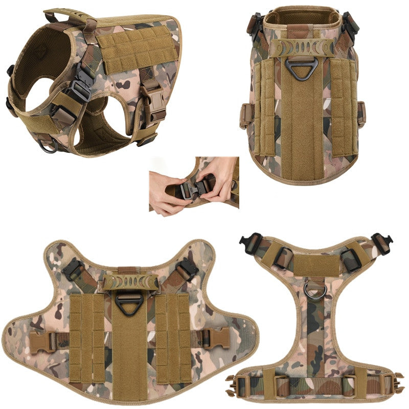 Military tactical dog harness in heavy-duty nylon featuring adjustable straps and a padded vest design — view 4