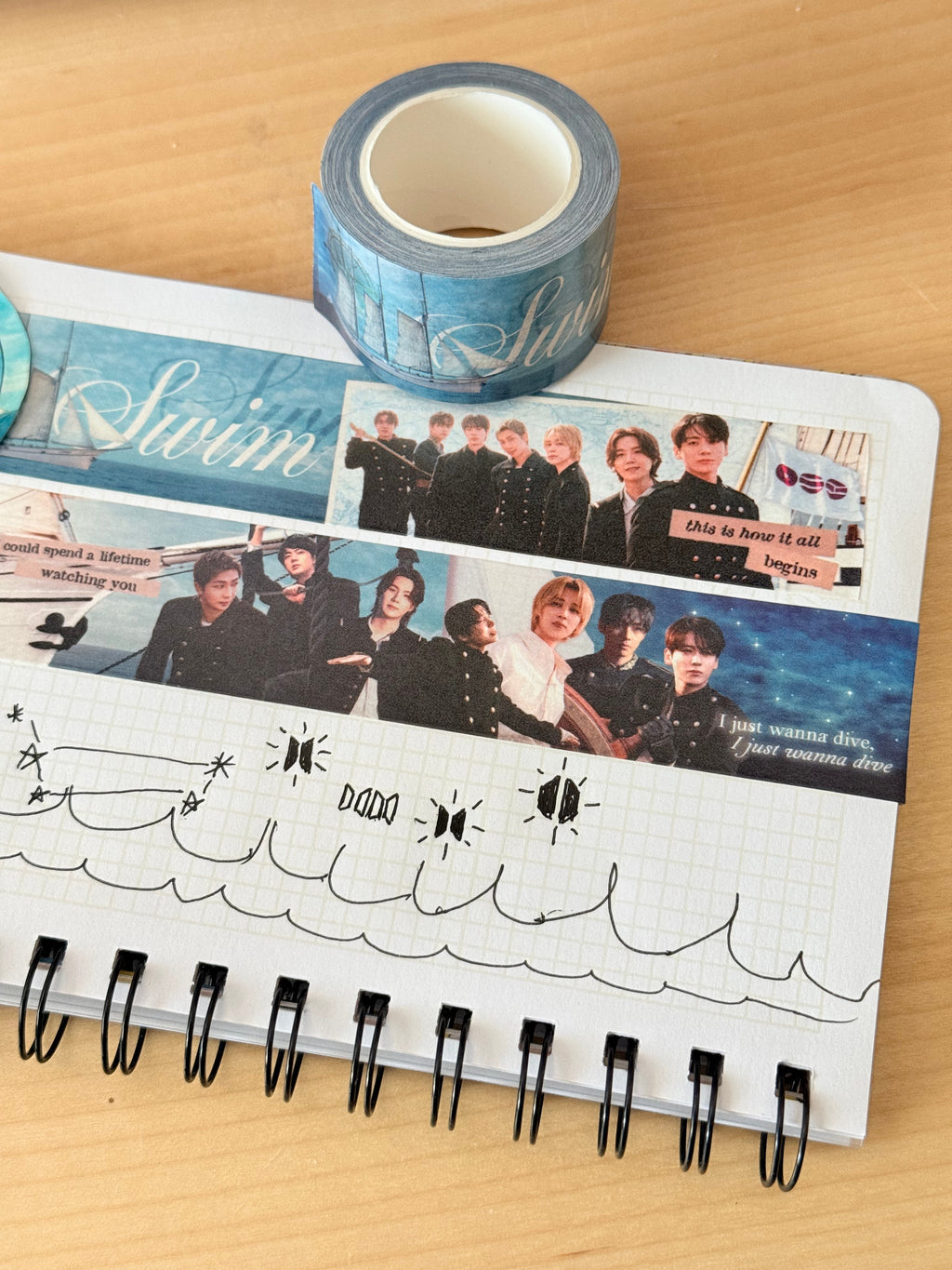 Roll of ocean inspired BTS SWIM washi tape for journaling and photocard decorating, 30mm wide — view 4