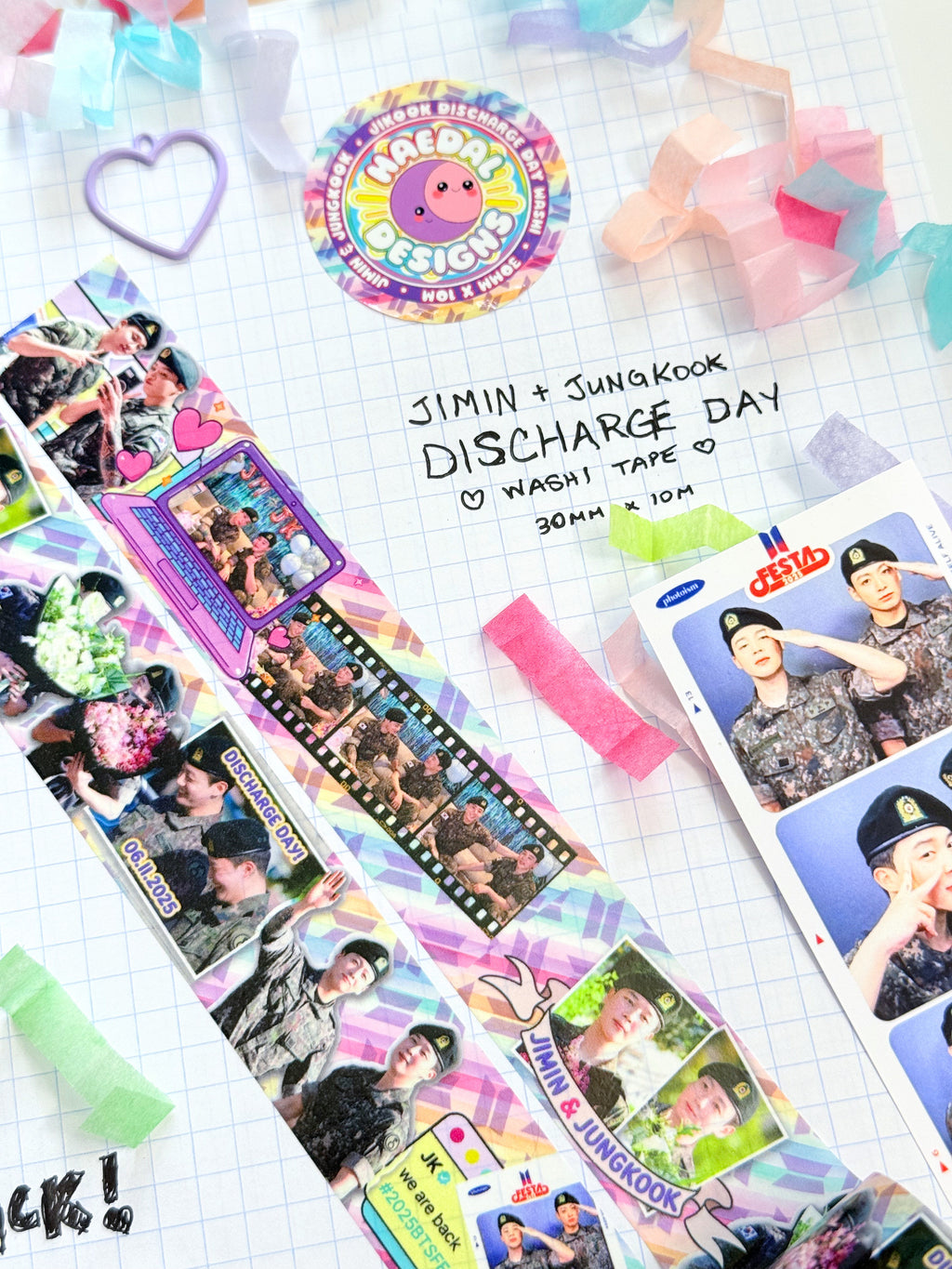Jimin and Jungkook discharge day washi tape roll featuring printed snapshot designs for scrapbooking