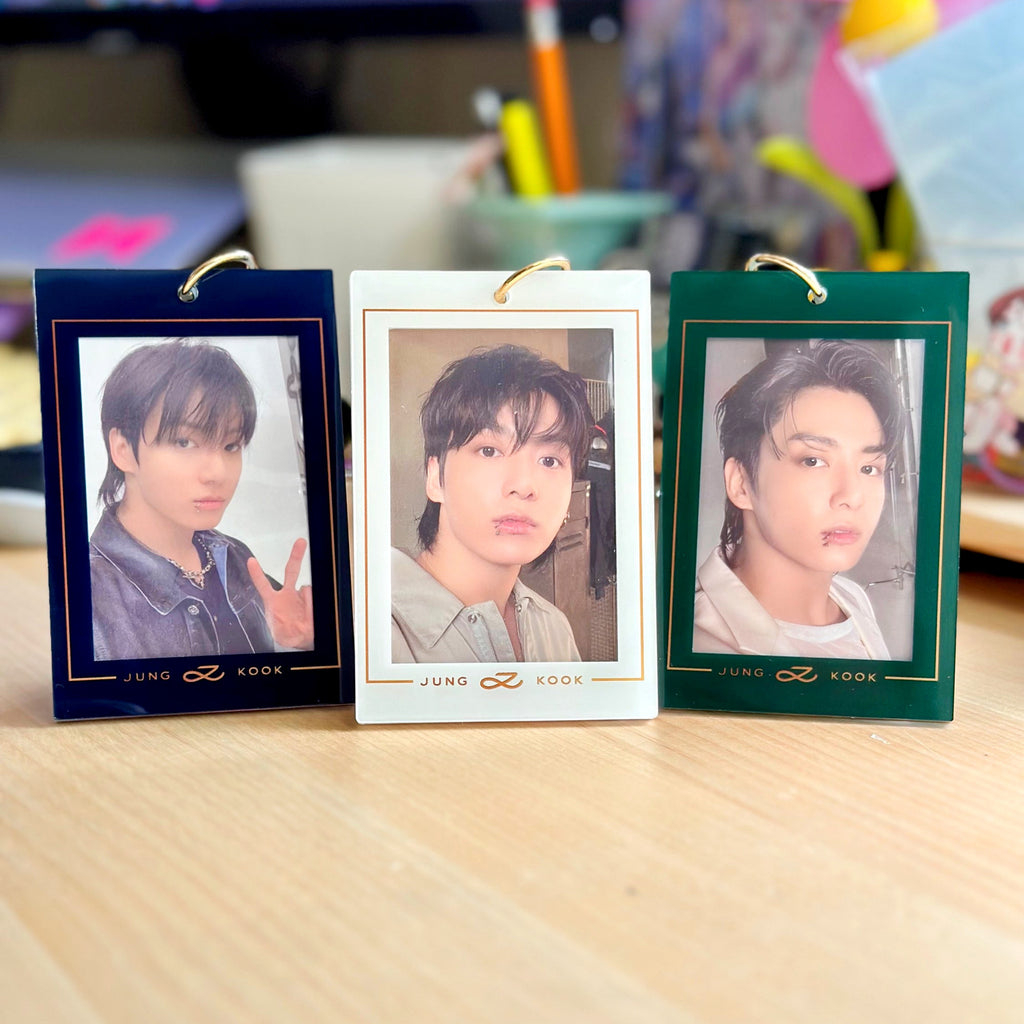 Jungkook Golden acrylic photocard holder keychain with gold ball chain clasp and cute decorative charm