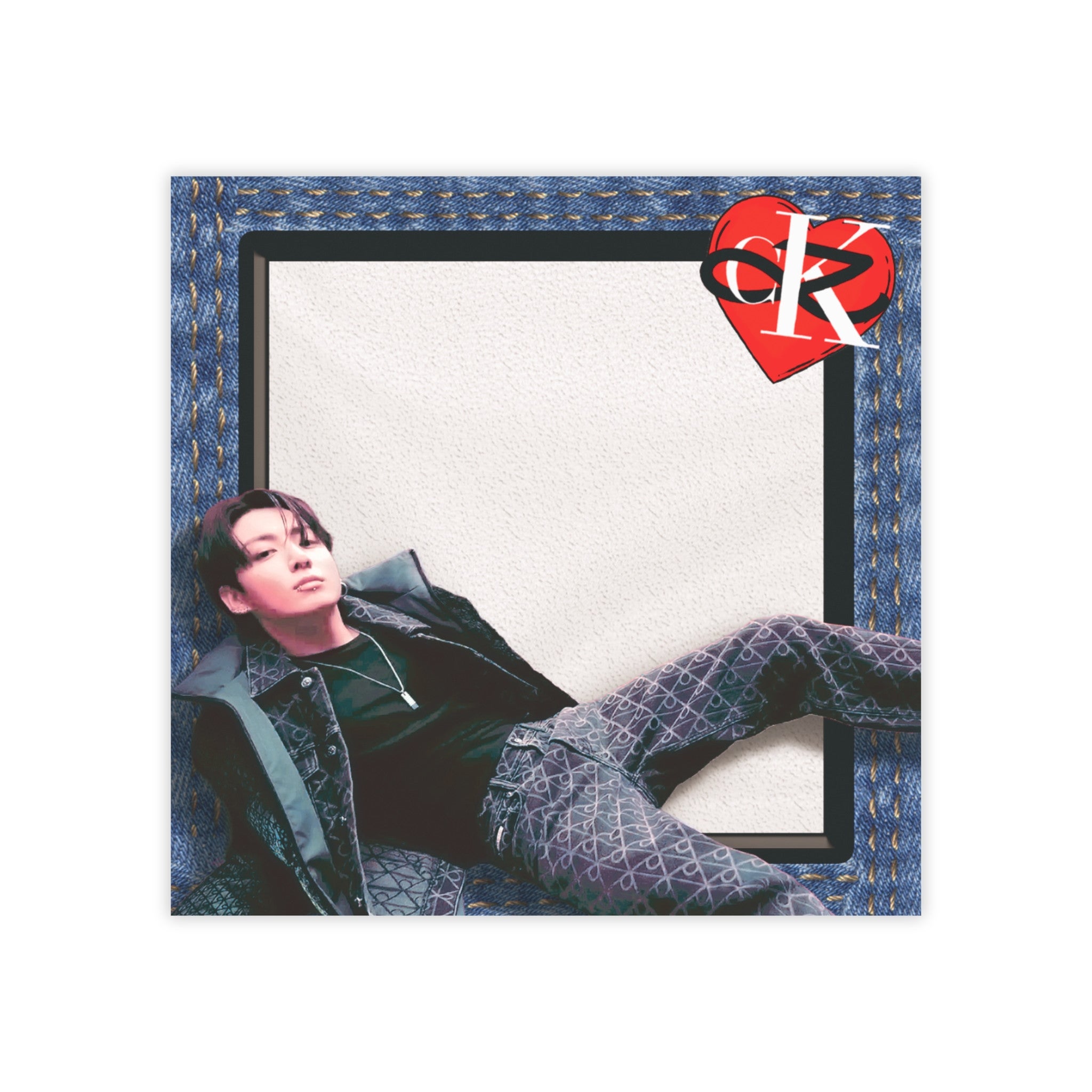 JK x CK adhesive sticky notes with denim texture and heart motif, square notepad stationery pad