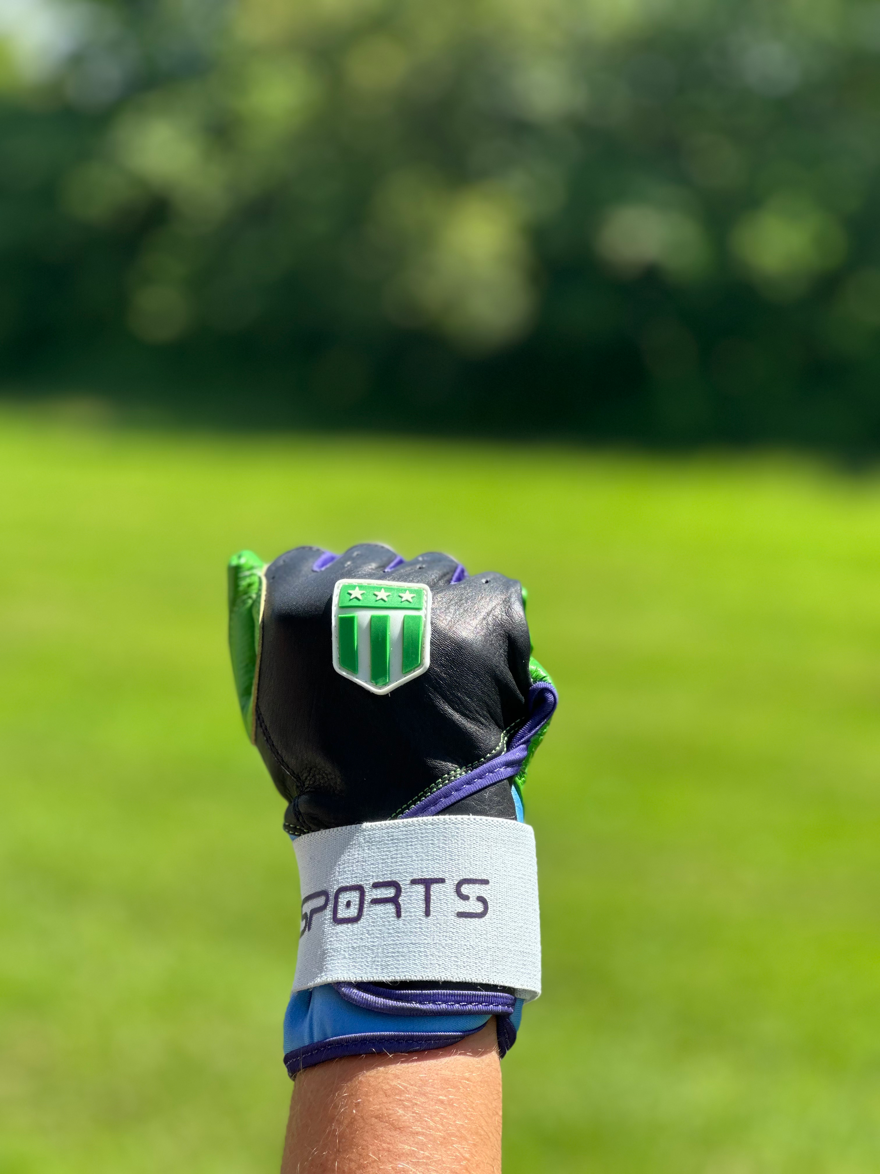 Tampa Bay long cuff batting glove in black with vibrant neon green palm and premium leather — view 4
