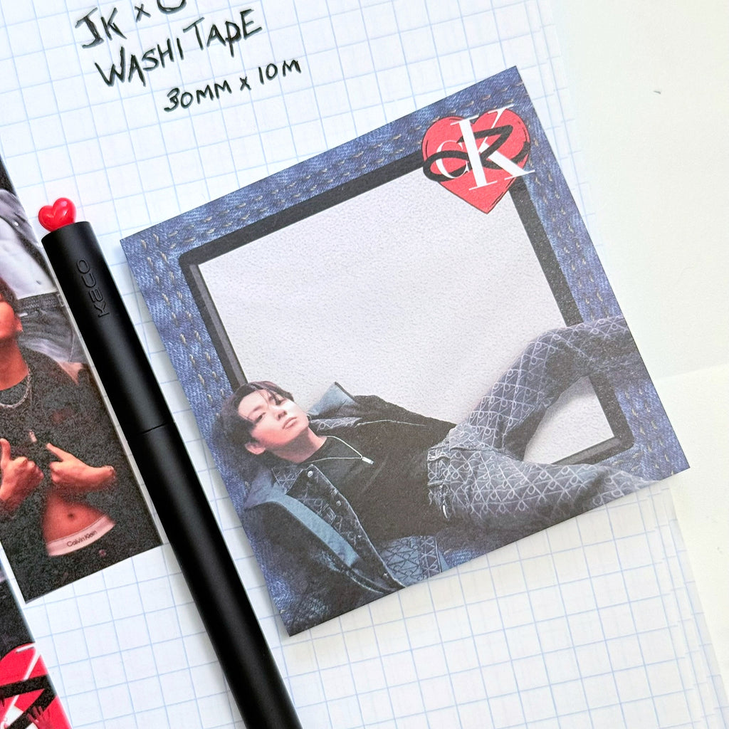 JK x CK adhesive sticky notes with denim texture and heart motif, square notepad stationery pad — view 2