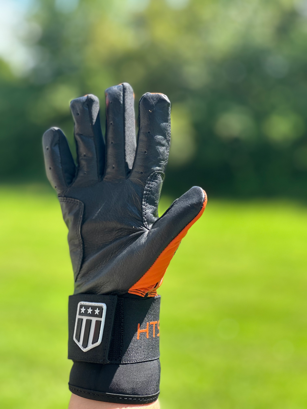 Long cuff batting glove in orange and black full leather for superior wrist support — view 4