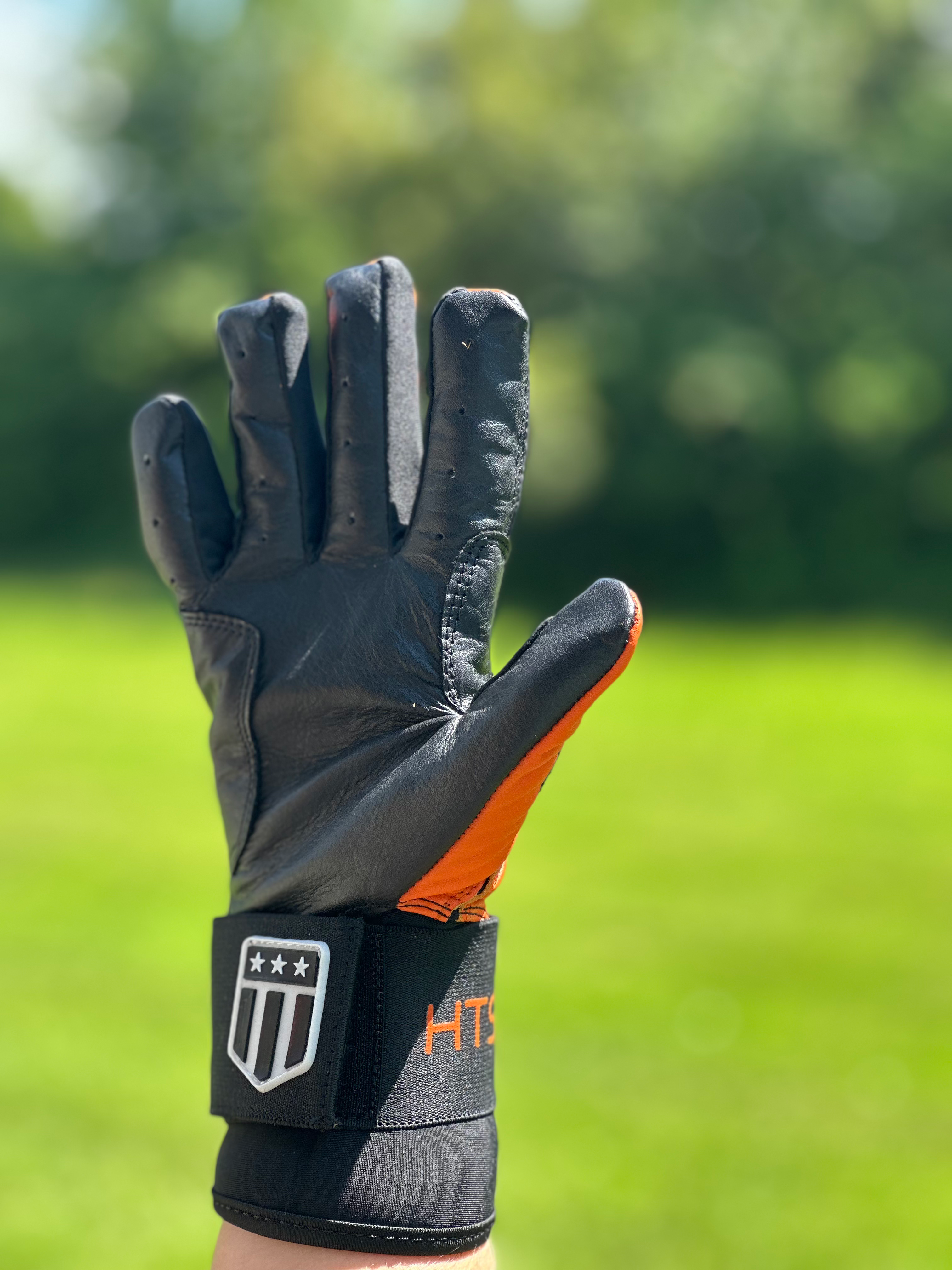 Long cuff batting glove in orange and black full leather for superior wrist support — view 4