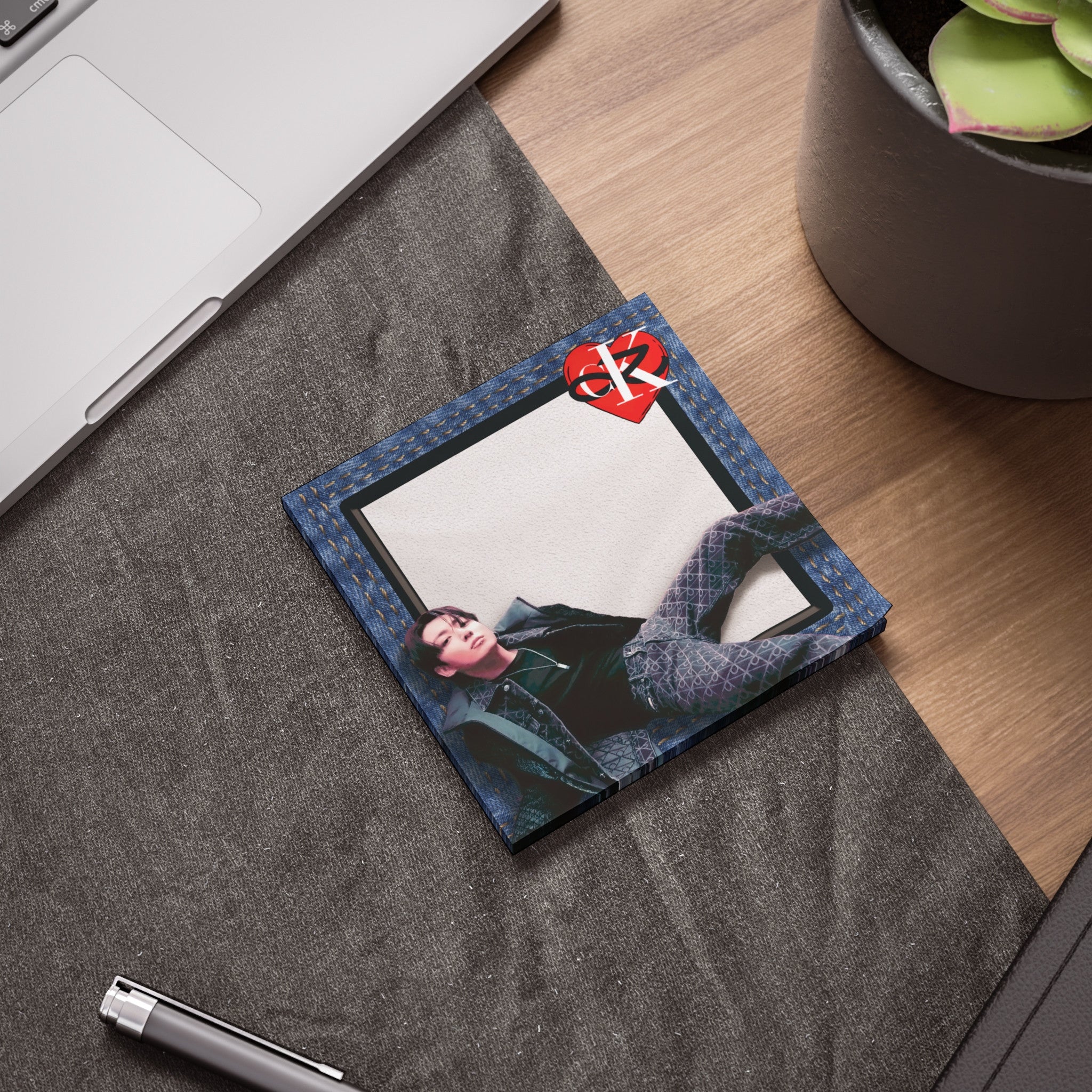 JK x CK adhesive sticky notes with denim texture and heart motif, square notepad stationery pad — view 11