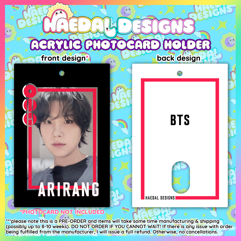 BTS Arirang acrylic photocard holder keychain with bold red frame and minimalist display layout. — view 9
