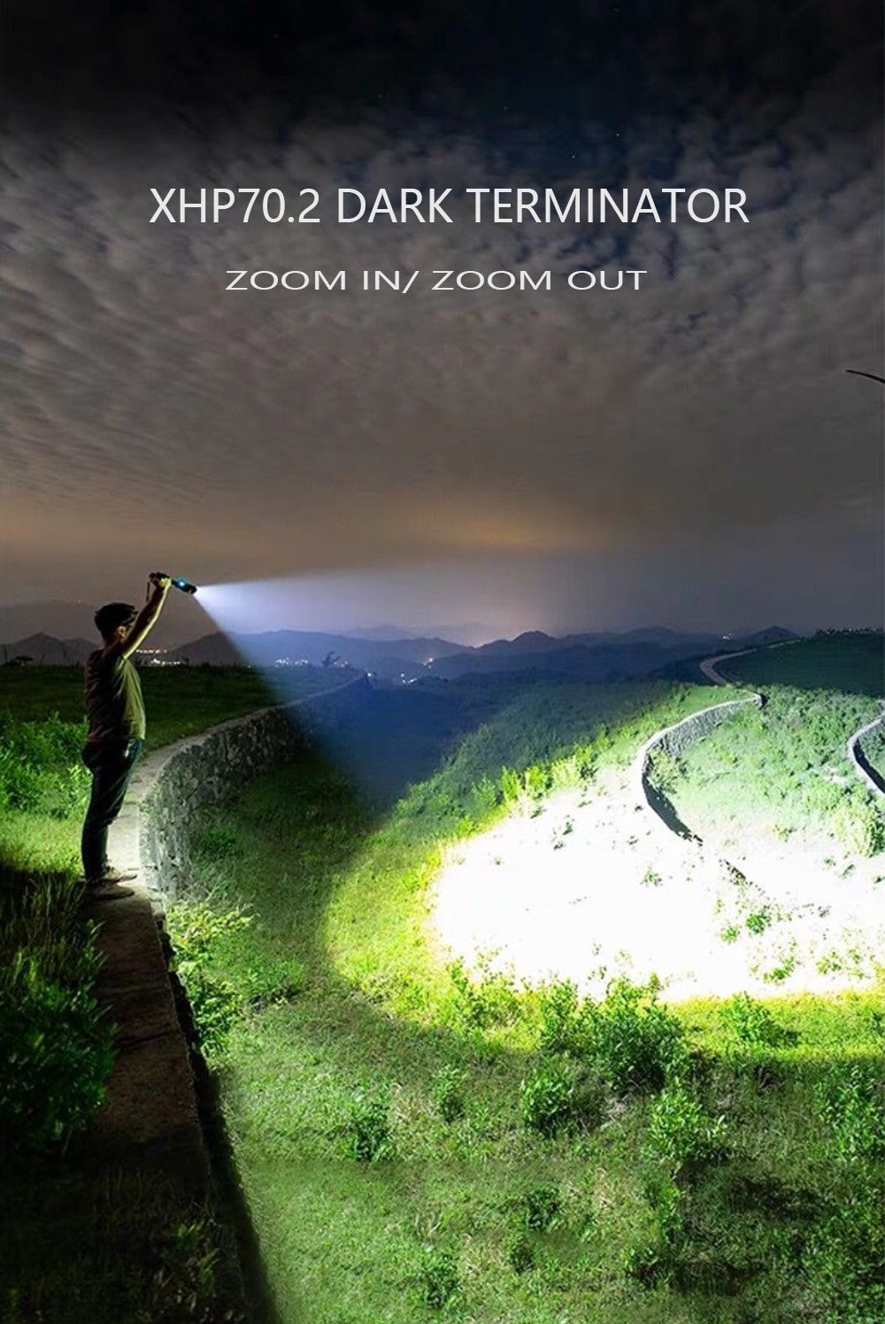 Black aluminum alloy tactical LED flashlight with zoomable lens and waterproof exterior — view 2