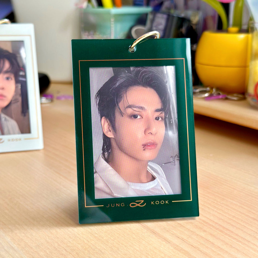 Jungkook Golden acrylic photocard holder keychain with gold ball chain clasp and cute decorative charm — view 5