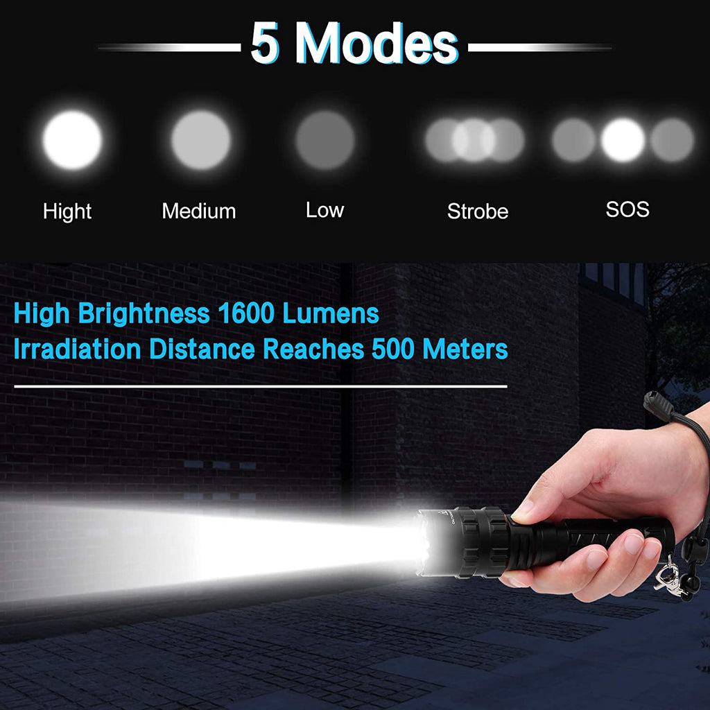 Black 1600 lumen tactical LED flashlight with waterproof casing for outdoor airsoft and survival — view 4