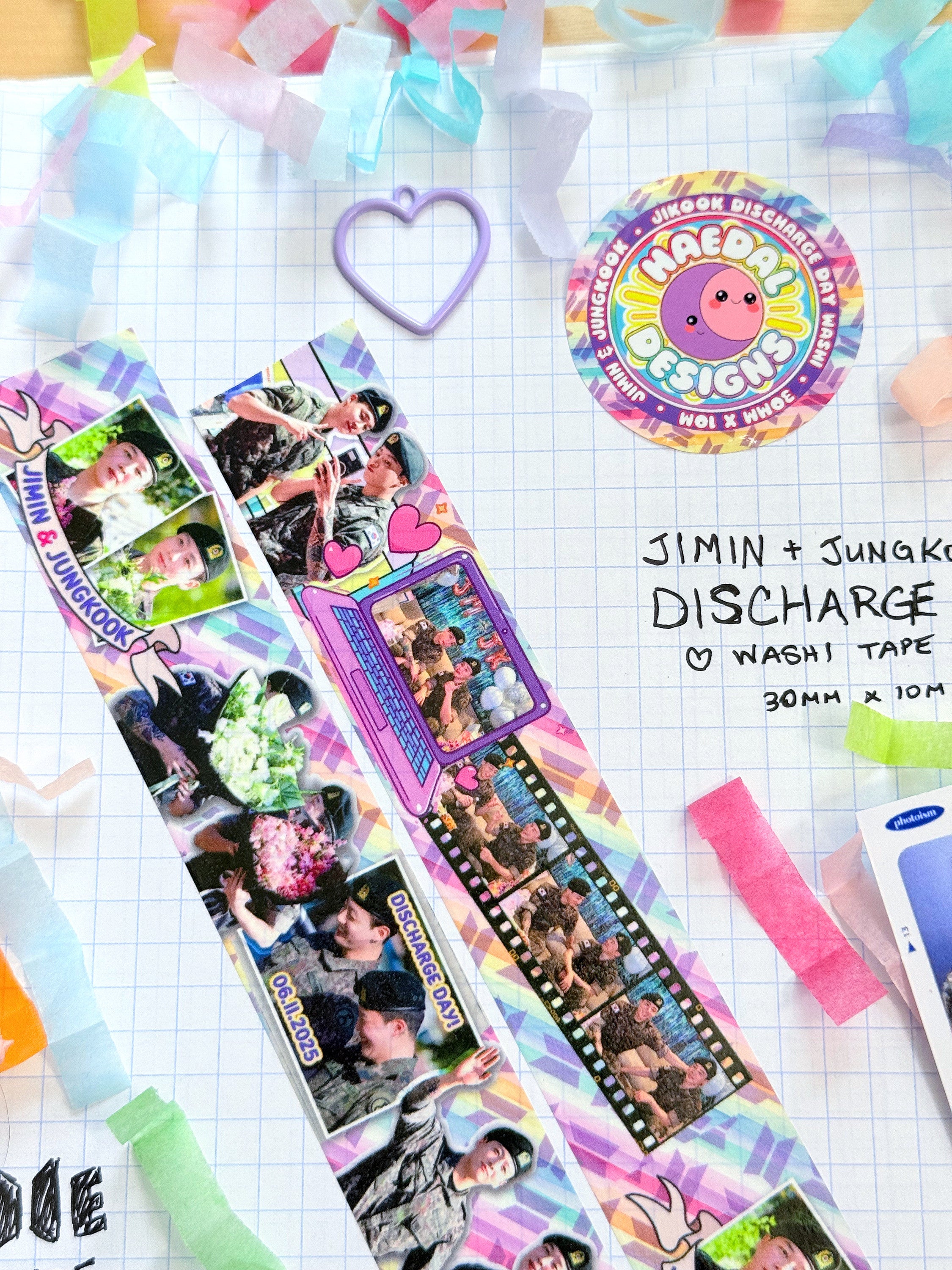 Jimin and Jungkook discharge day washi tape roll featuring printed snapshot designs for scrapbooking — view 3