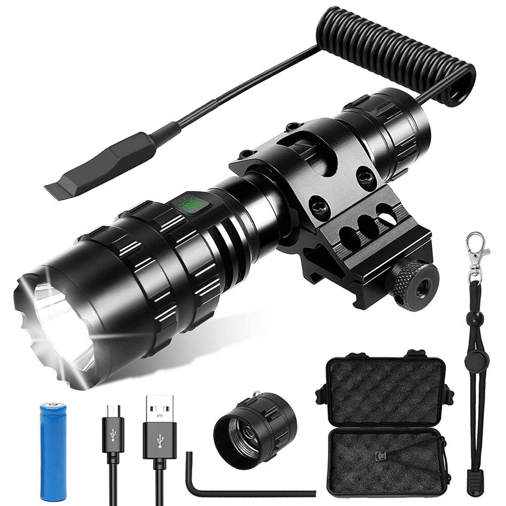 Black 1600 lumen tactical LED flashlight with waterproof casing for outdoor airsoft and survival