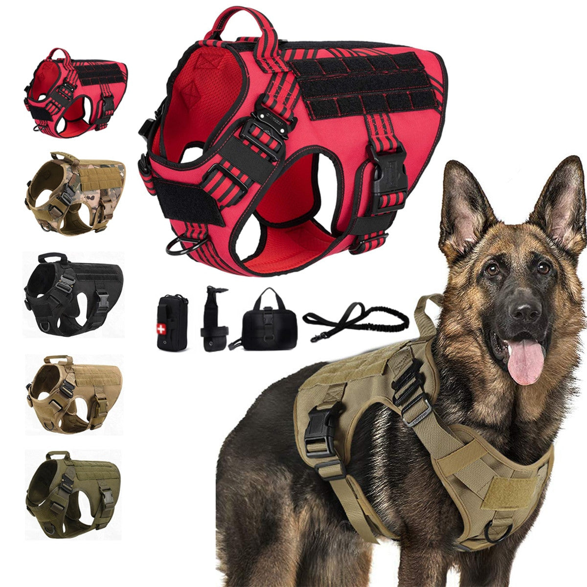 Military tactical dog harness in heavy-duty nylon featuring adjustable straps and a padded vest design