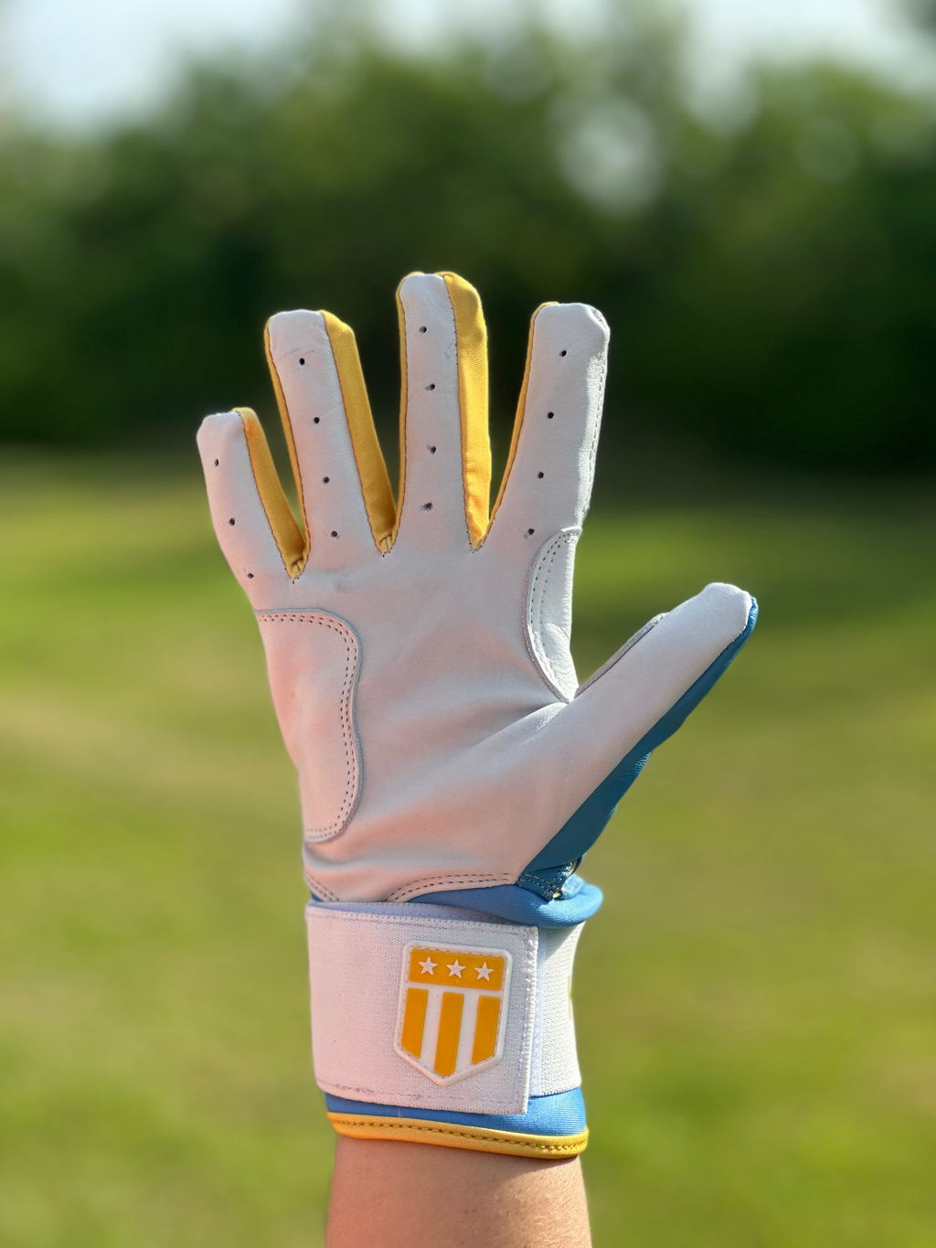 Boston City light blue and white long cuff batting glove made of premium leather — view 9