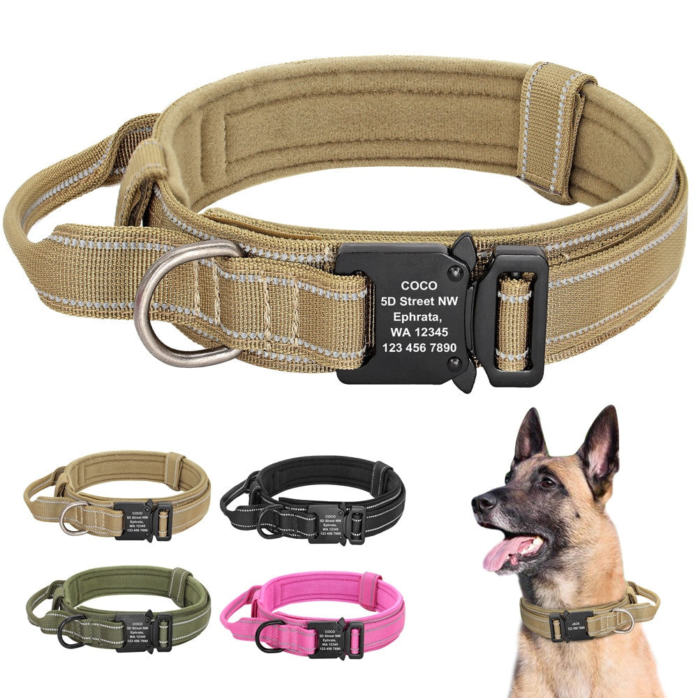 Personalized military tactical dog collar made of durable padded nylon with a quick control handle