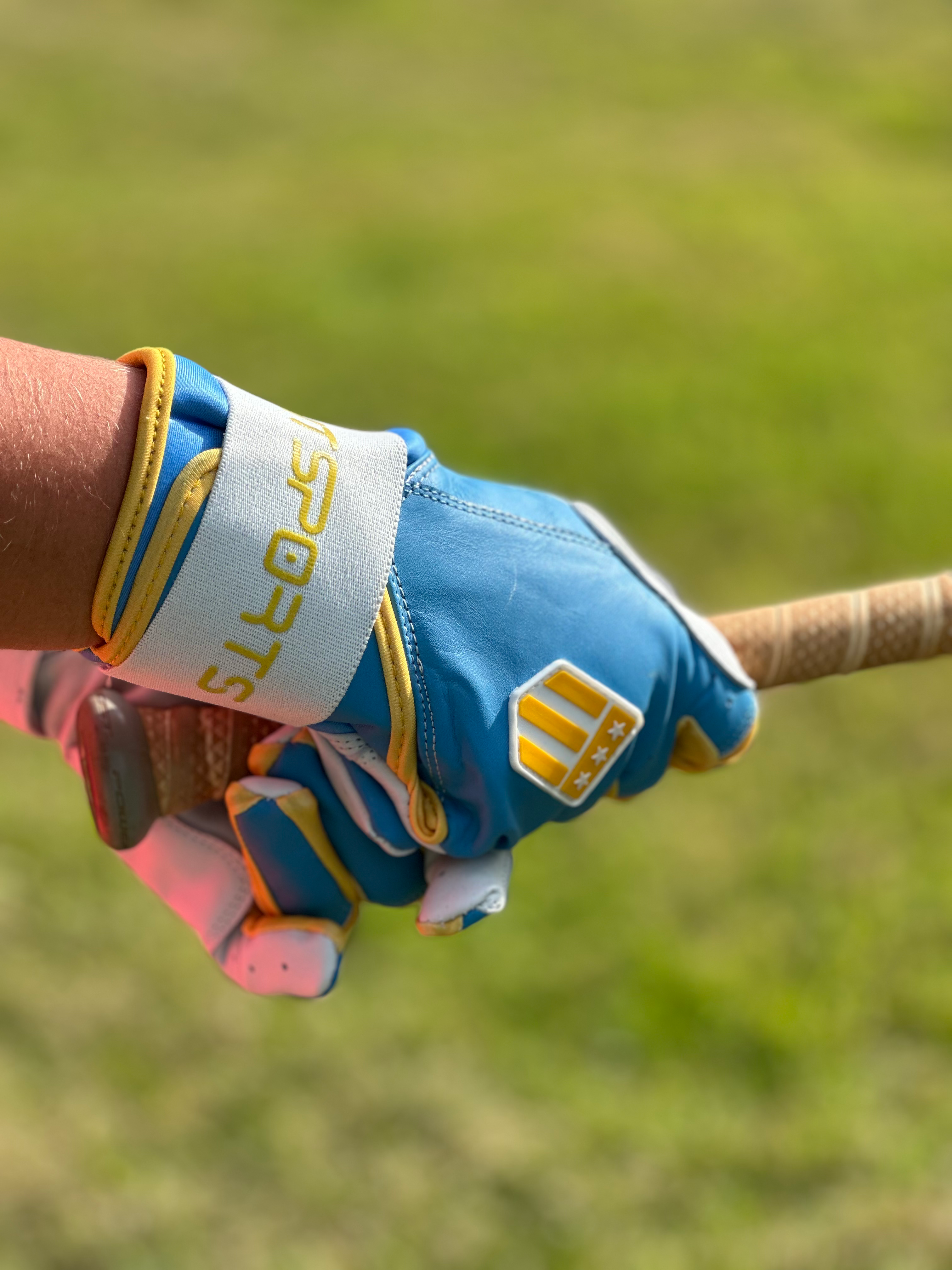 Boston city long cuff batting glove in light blue and white premium leather for baseball players — view 5