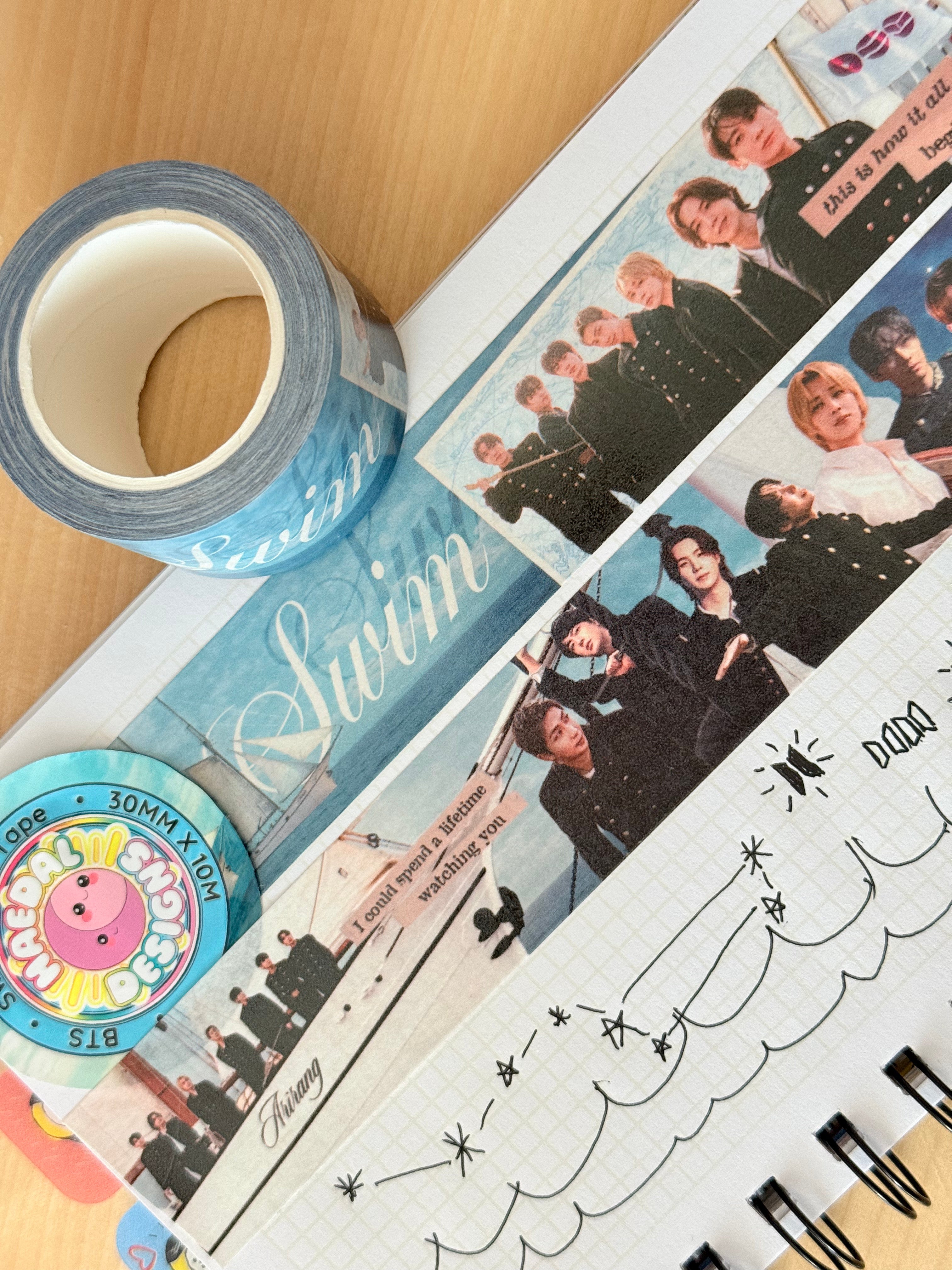 Roll of ocean inspired BTS SWIM washi tape for journaling and photocard decorating, 30mm wide
