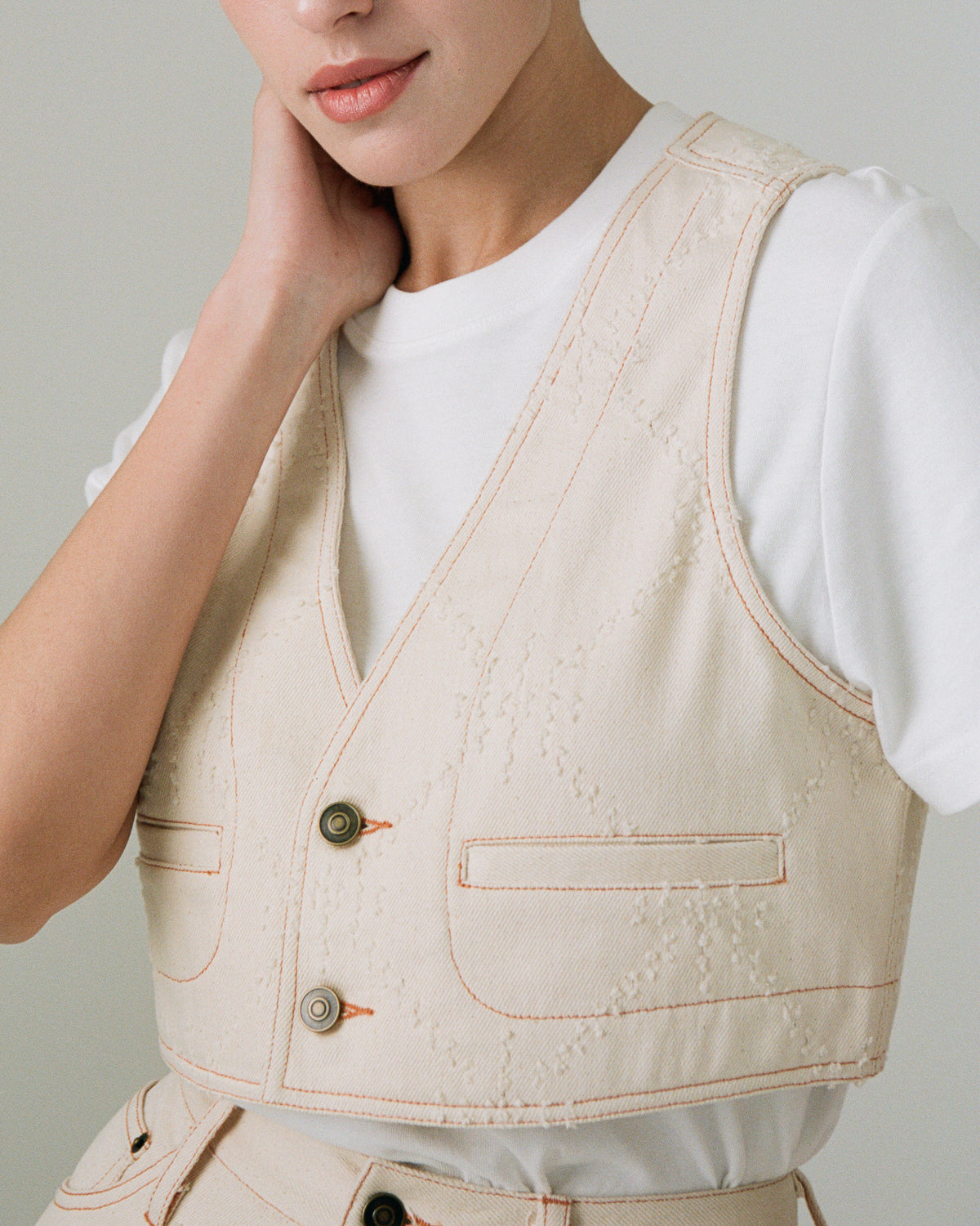 Art of Mending Texture Ecru Denim Vest-0