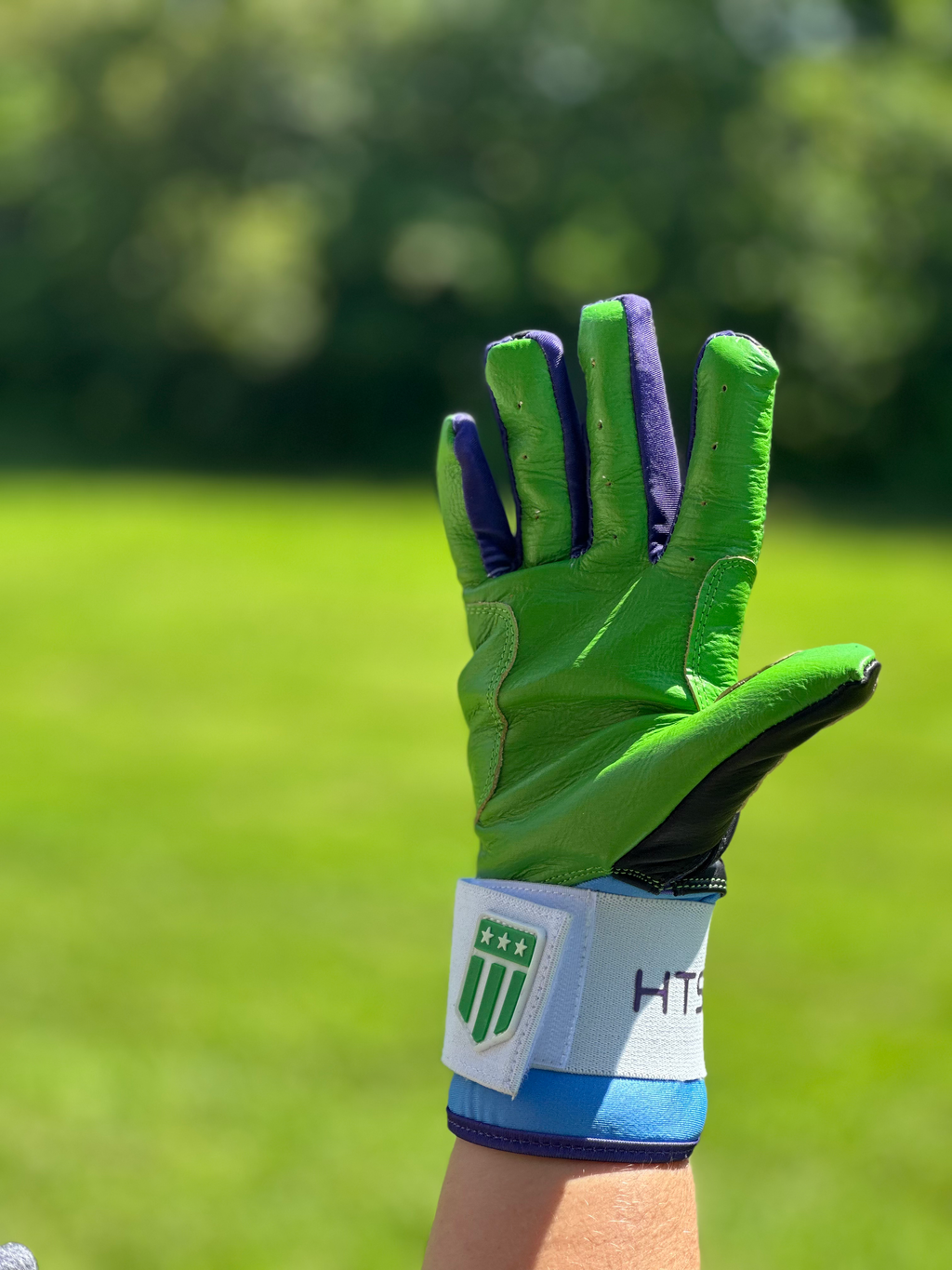 Tampa Bay long cuff batting glove in black with vibrant neon green palm and premium leather — view 3