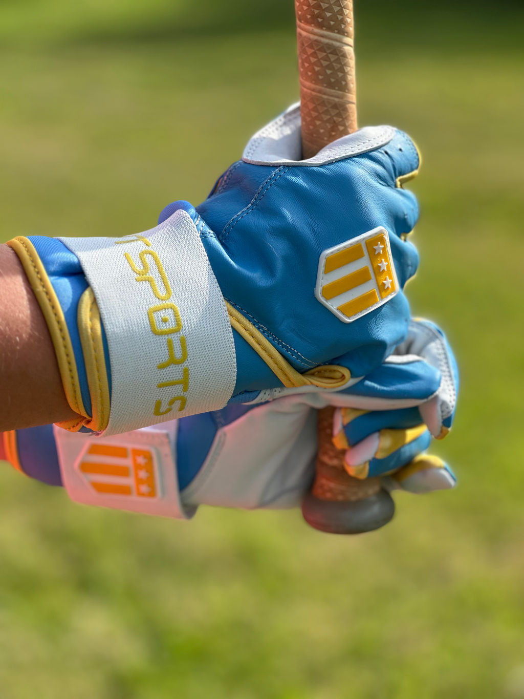 Boston city long cuff batting glove in light blue and white premium leather for baseball players — view 3