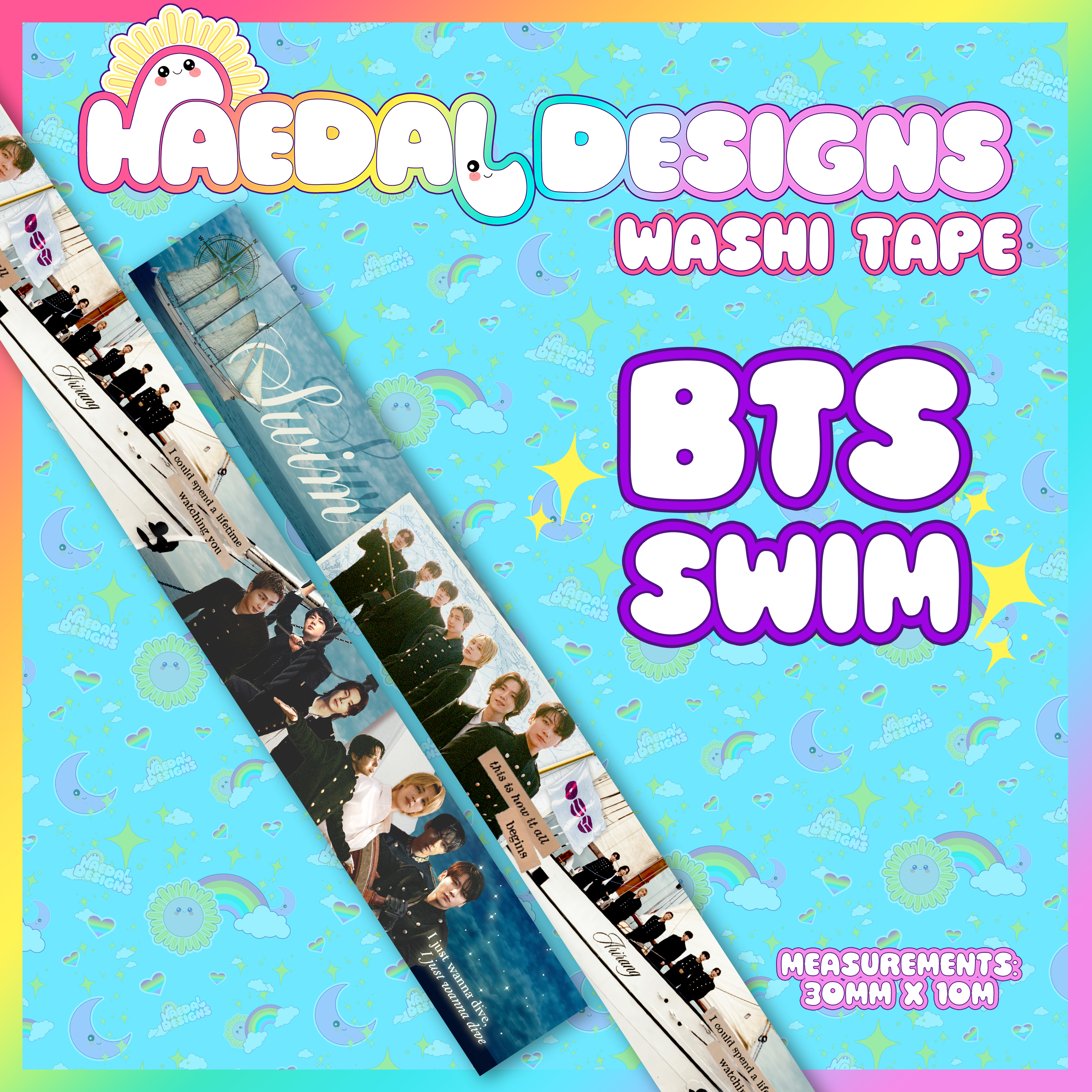 Roll of ocean inspired BTS SWIM washi tape for journaling and photocard decorating, 30mm wide — view 7