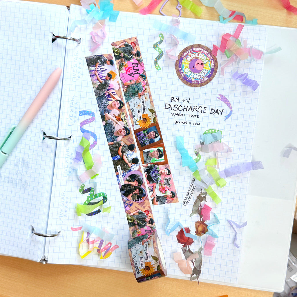 Discharge Day 30mm washi tape roll featuring nostalgic soft hued floral and scrapbook style illustrations — view 3