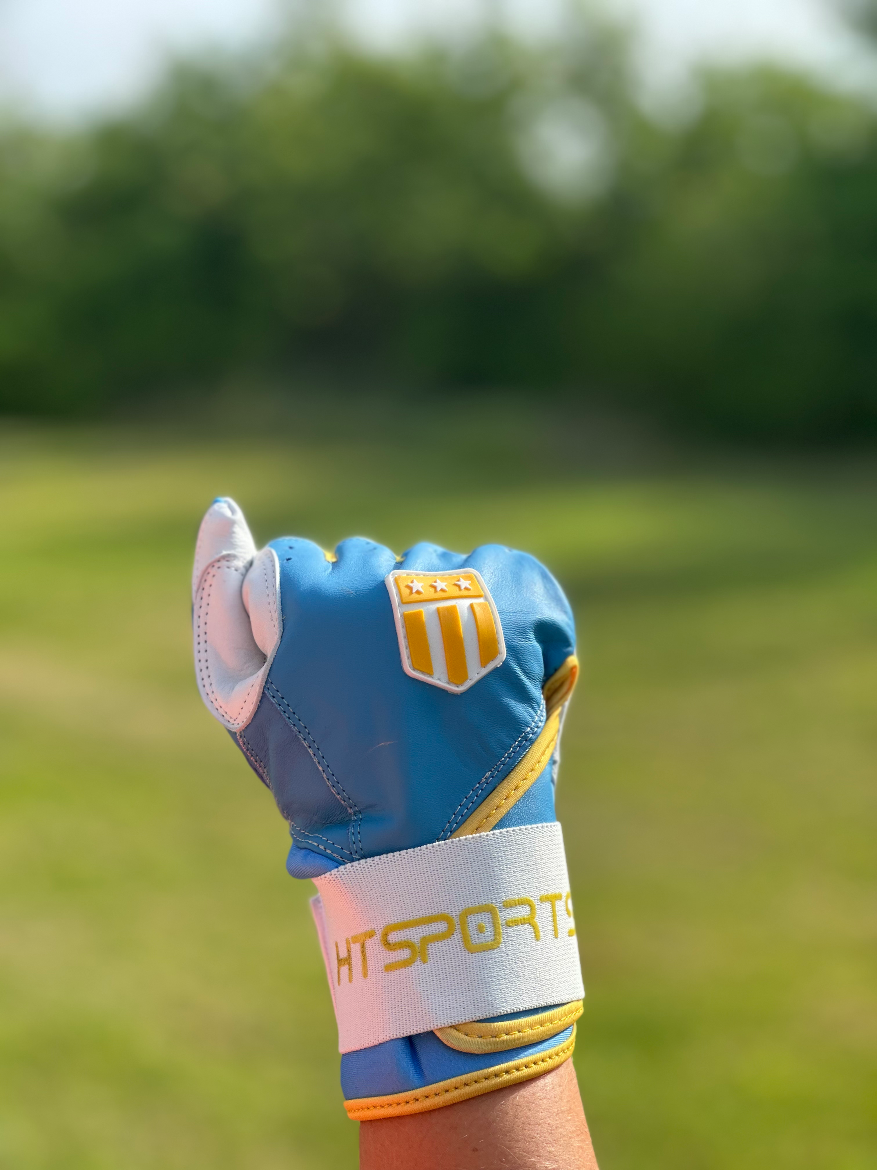 Boston city long cuff batting glove in light blue and white premium leather for baseball players — view 4