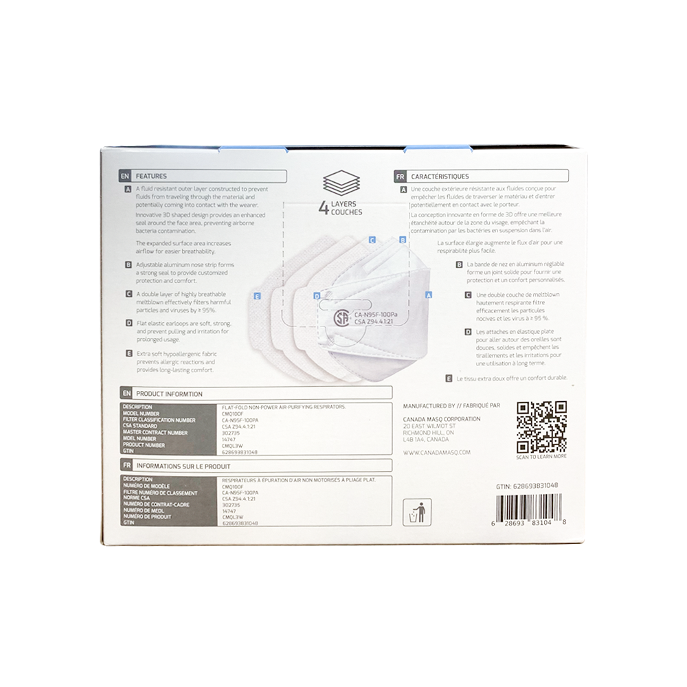OPSWA Q100 CSA Certified CA-N95 Respirator - White (Box of 50)-6