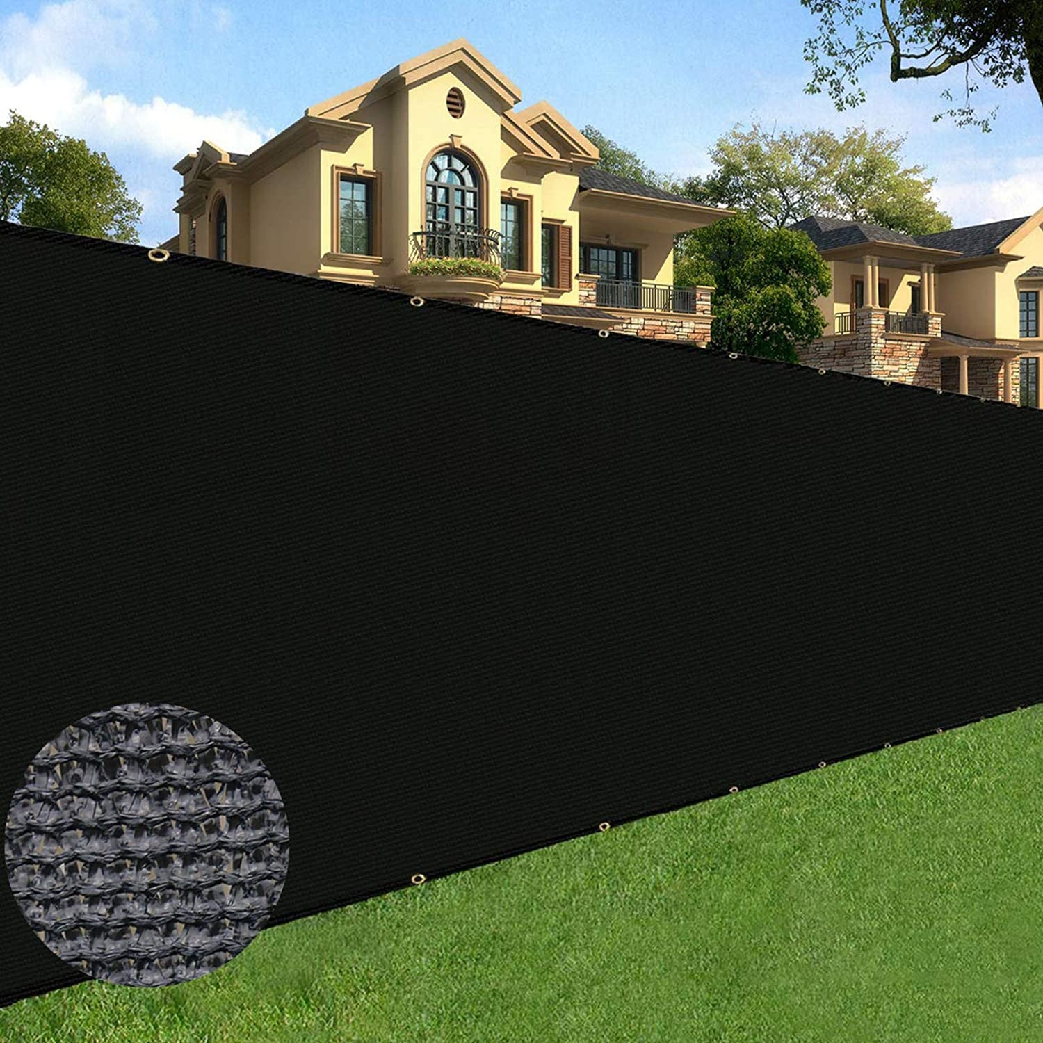 Black privacy screening mesh made of high-density polyethylene for outdoor garden fencing and patio seclusion