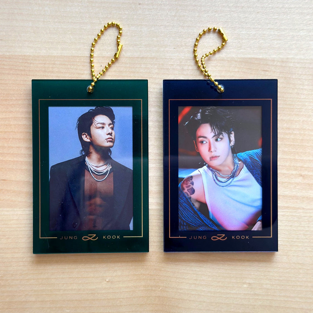 Jungkook Golden acrylic photocard holder keychain with gold ball chain clasp and cute decorative charm — view 10