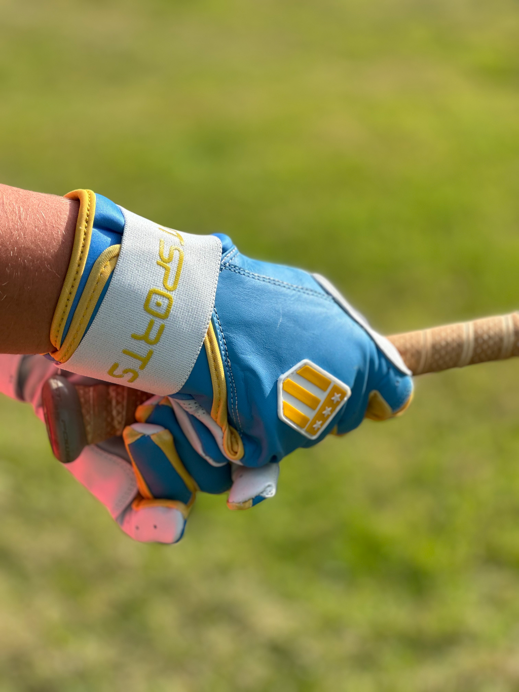 Boston City light blue and white long cuff batting glove made of premium leather — view 5