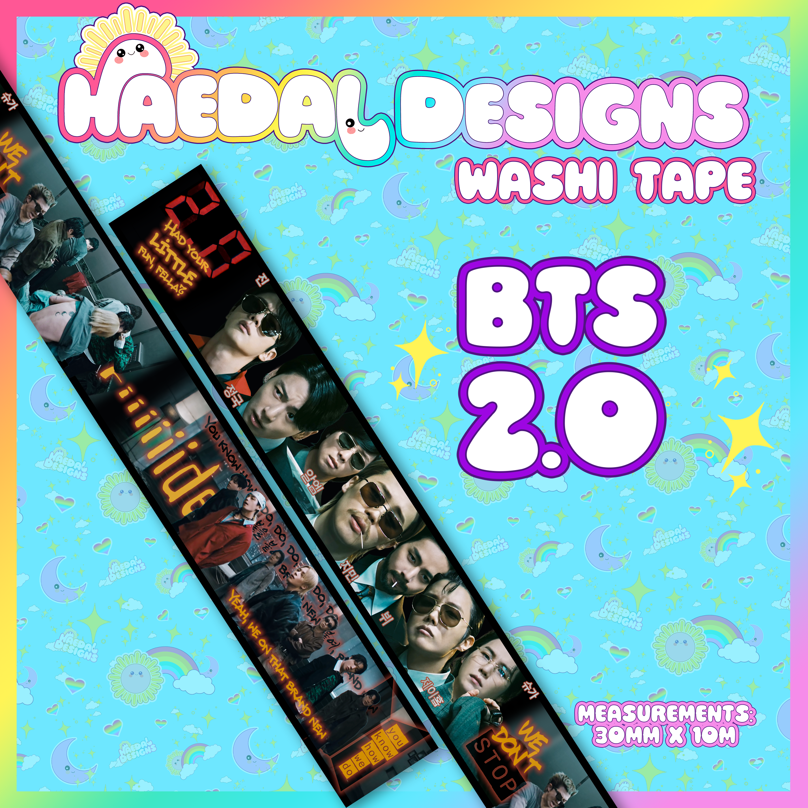 BTS 2.0 Washi Tape roll featuring a wide 30mm dark cinematic design for K-pop journaling — view 8