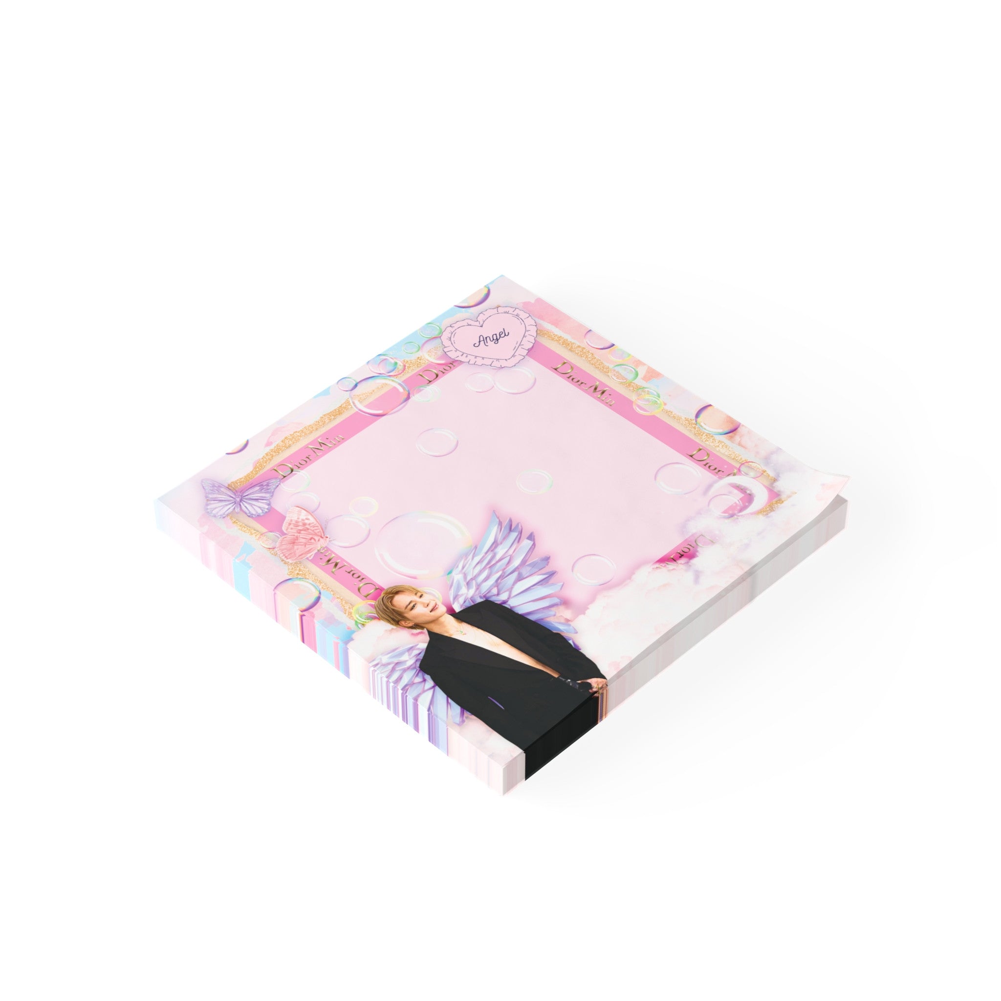 Pastel pink DiorMin Paris sticky notes with gold text borders, butterflies, and bubble clouds — view 4
