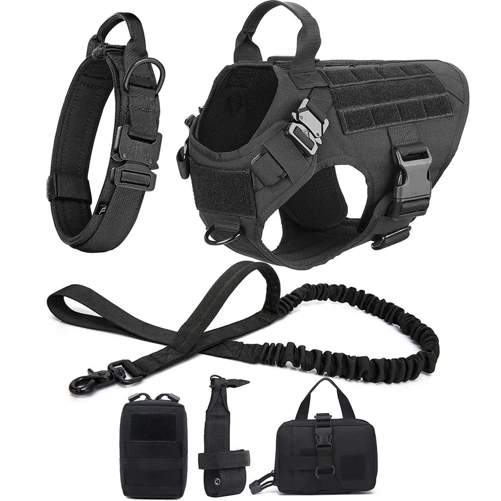Military dog harness and leash kit in solid color nylon with padded tactical vest.
