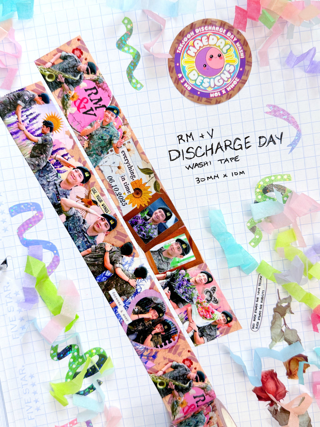 Discharge Day 30mm washi tape roll featuring nostalgic soft hued floral and scrapbook style illustrations