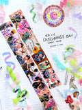Discharge Day 30mm washi tape roll featuring nostalgic soft hued floral and scrapbook style illustrations