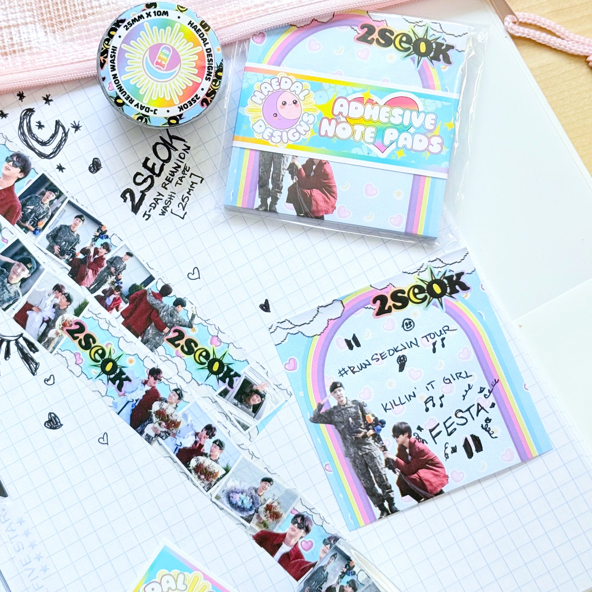2Seok J-Day Reunion adhesive sticky notes featuring light blue BTS design with rainbows and clouds — view 4