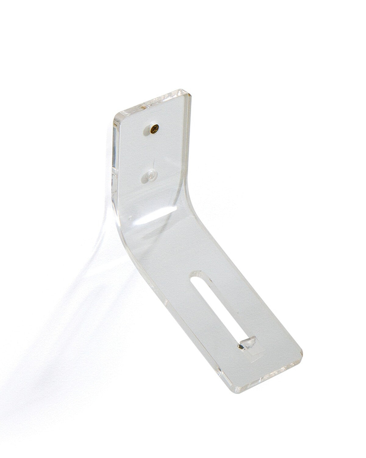 Clear acrylic horizontal surfboard wall display rack with cushioned bumpers supporting a surfboard. — view 2